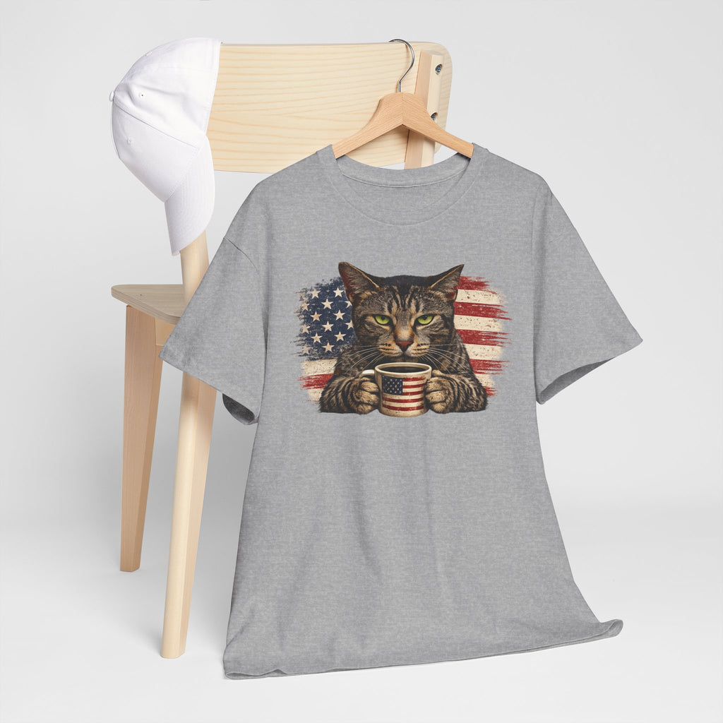 American Flag Cat T‑Shirt — Patriotic Kitten with Coffee Cup