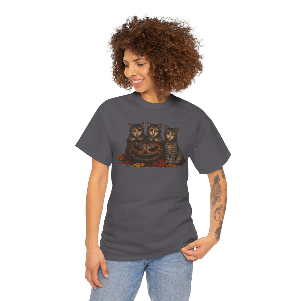 Halloween Cats T-Shirt — Trio of Kittens with Jack-O'-Lantern Fall Tee