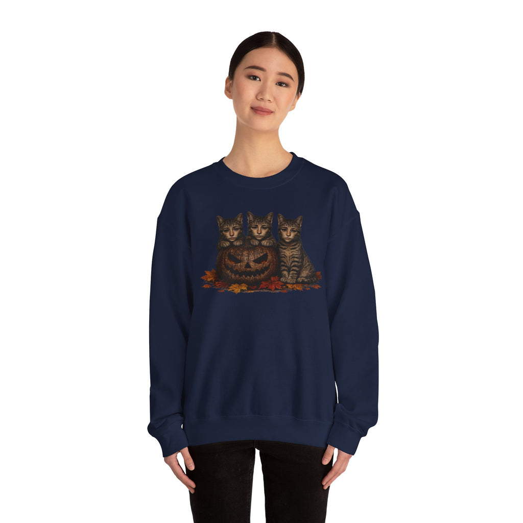 Halloween Cat Trio Crewneck Sweatshirt — Vintage Pumpkin Cats Fall Graphic