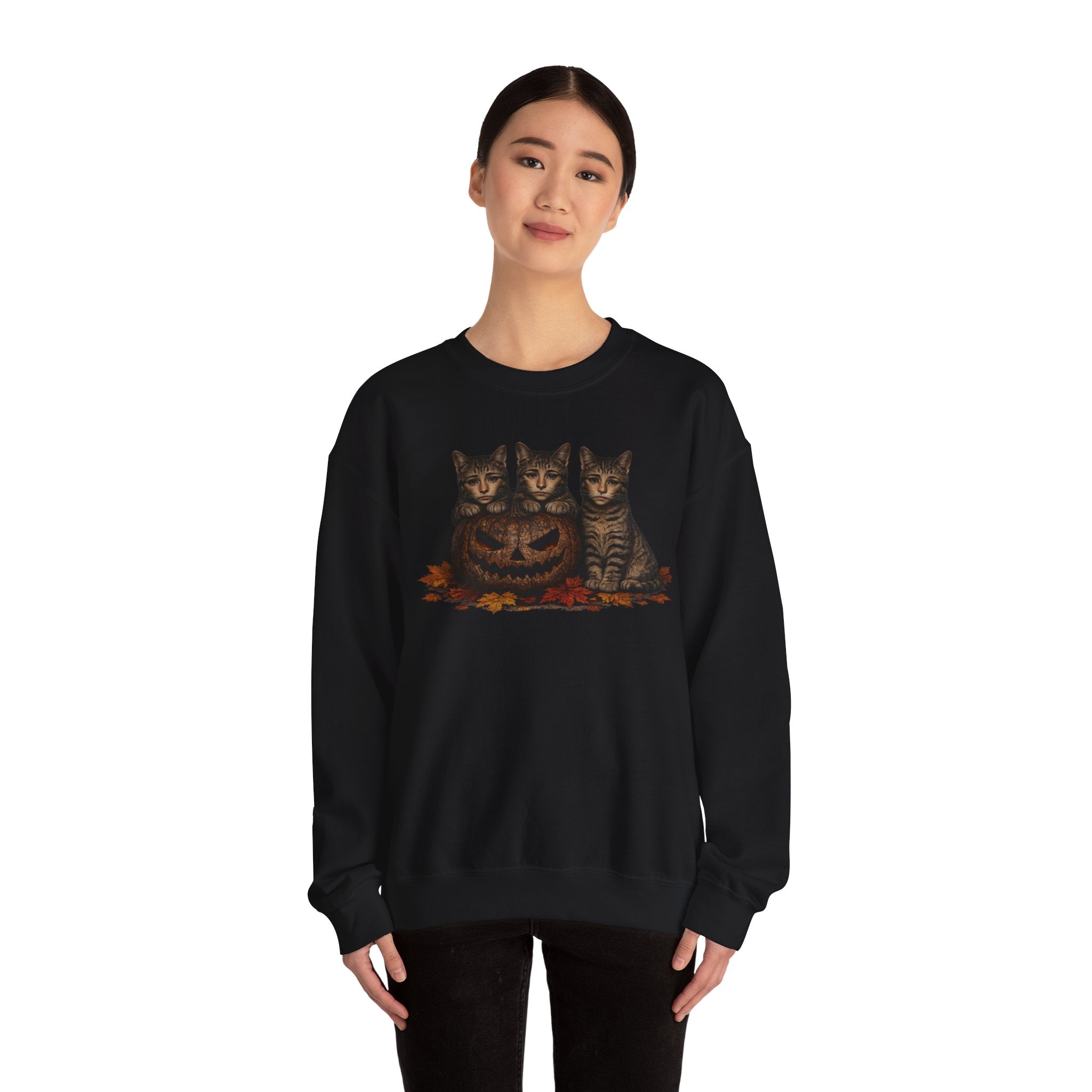 Halloween Cat Trio Crewneck Sweatshirt — Vintage Pumpkin Cats Fall Graphic