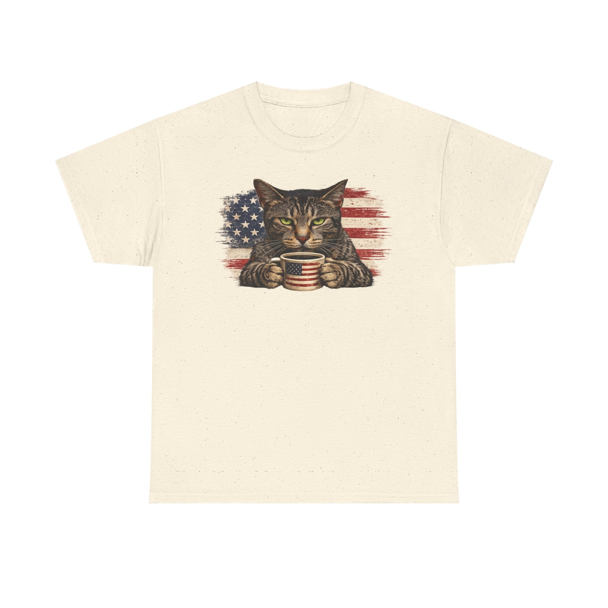 American Flag Cat T‑Shirt — Patriotic Kitten with Coffee Cup