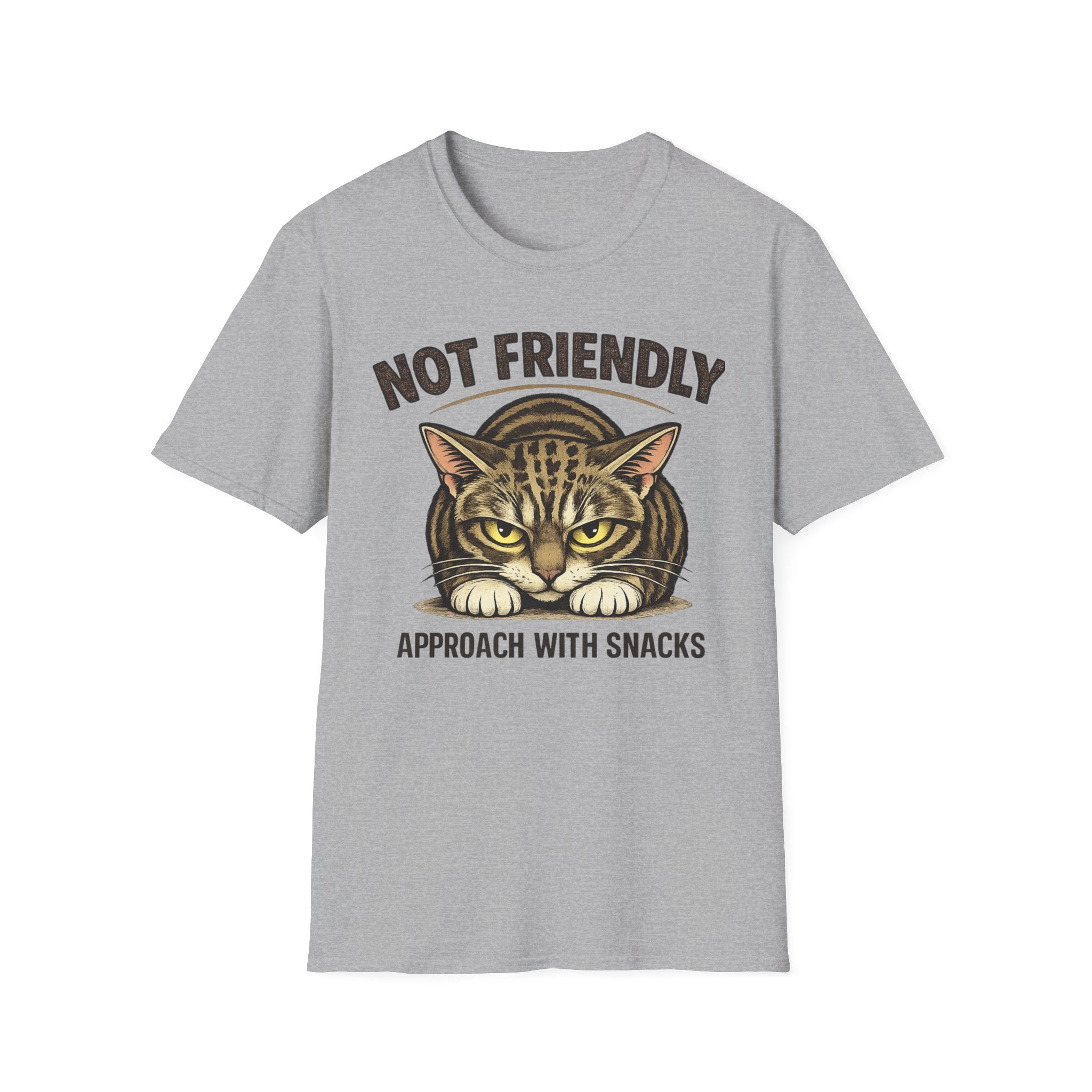 Not Friendly Cat T-Shirt — "Approach With Snacks" Vintage Grumpy Cat Tee