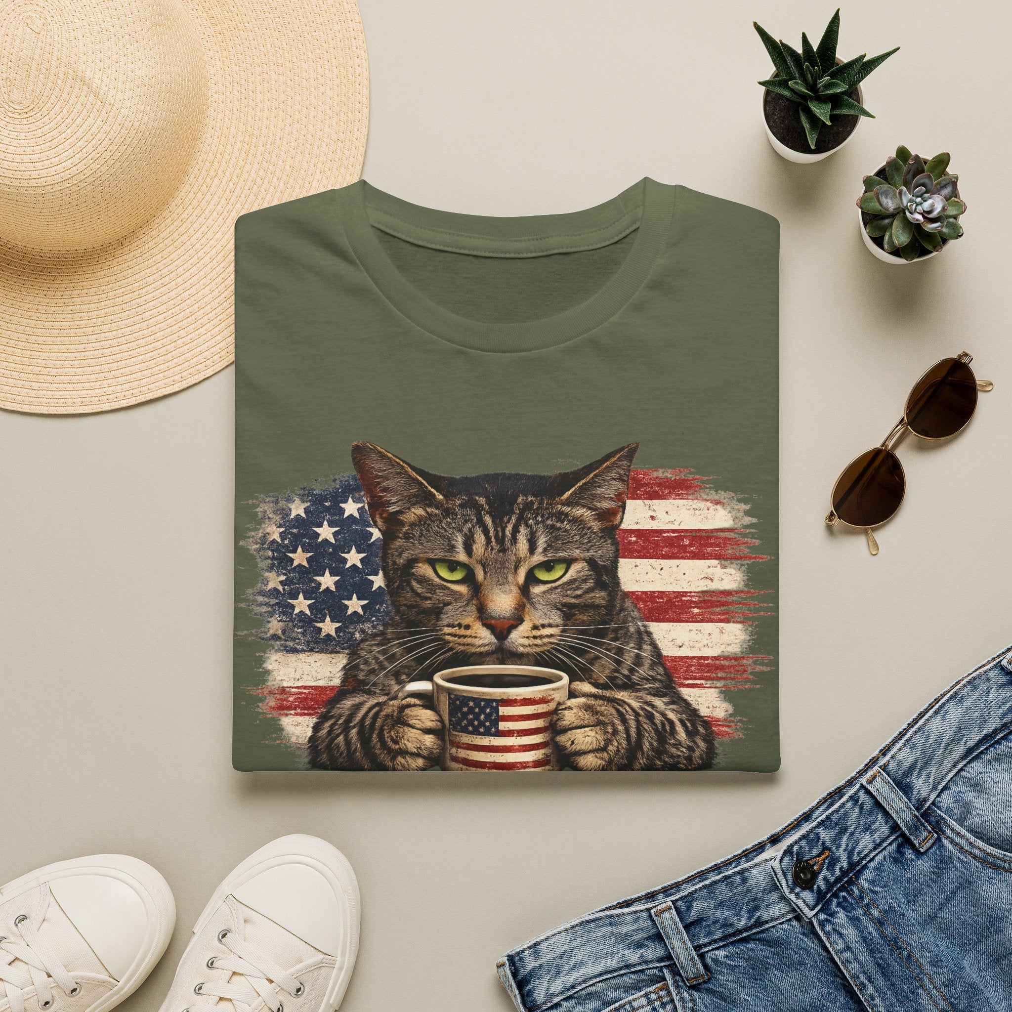 Patriotic Cat T-Shirt — American Flag Kitty with Coffee Mug