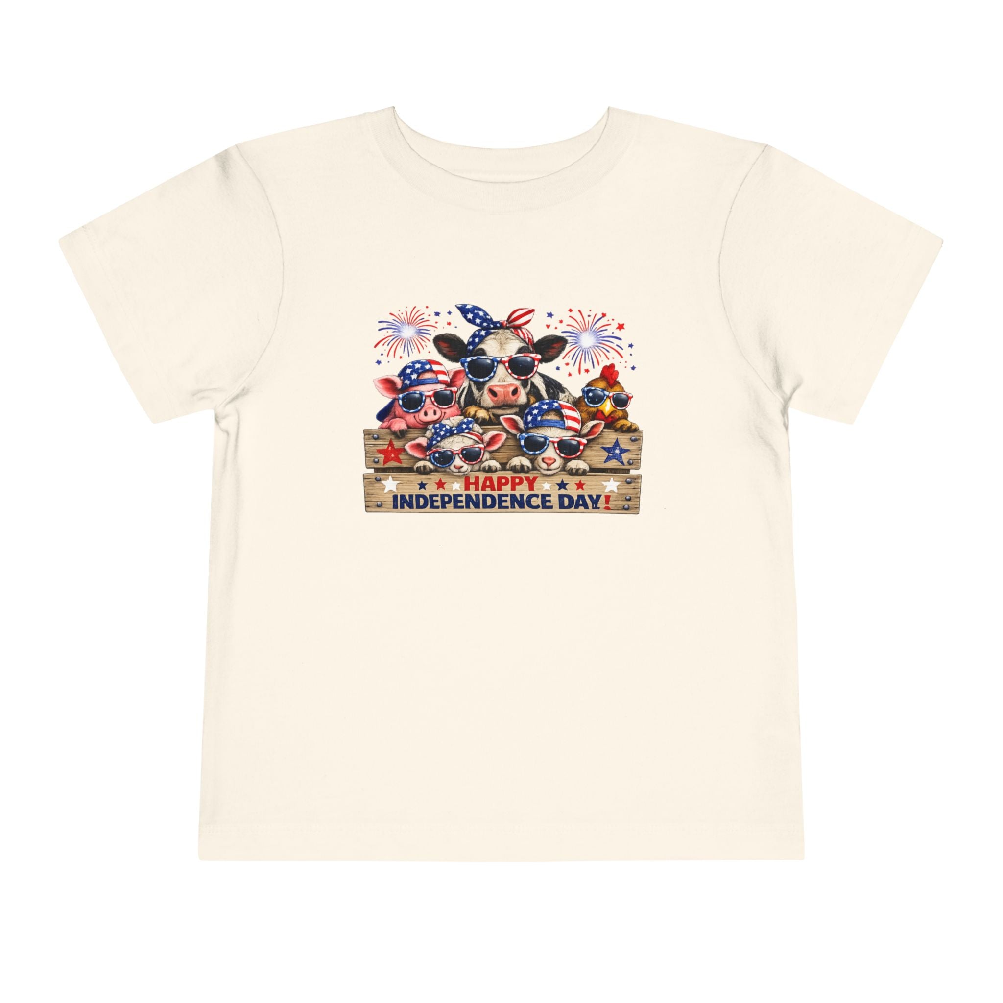 Happy Independence Day Toddler Tee — Patriotic Farm Animals  & Fireworks 4th of July Shirt