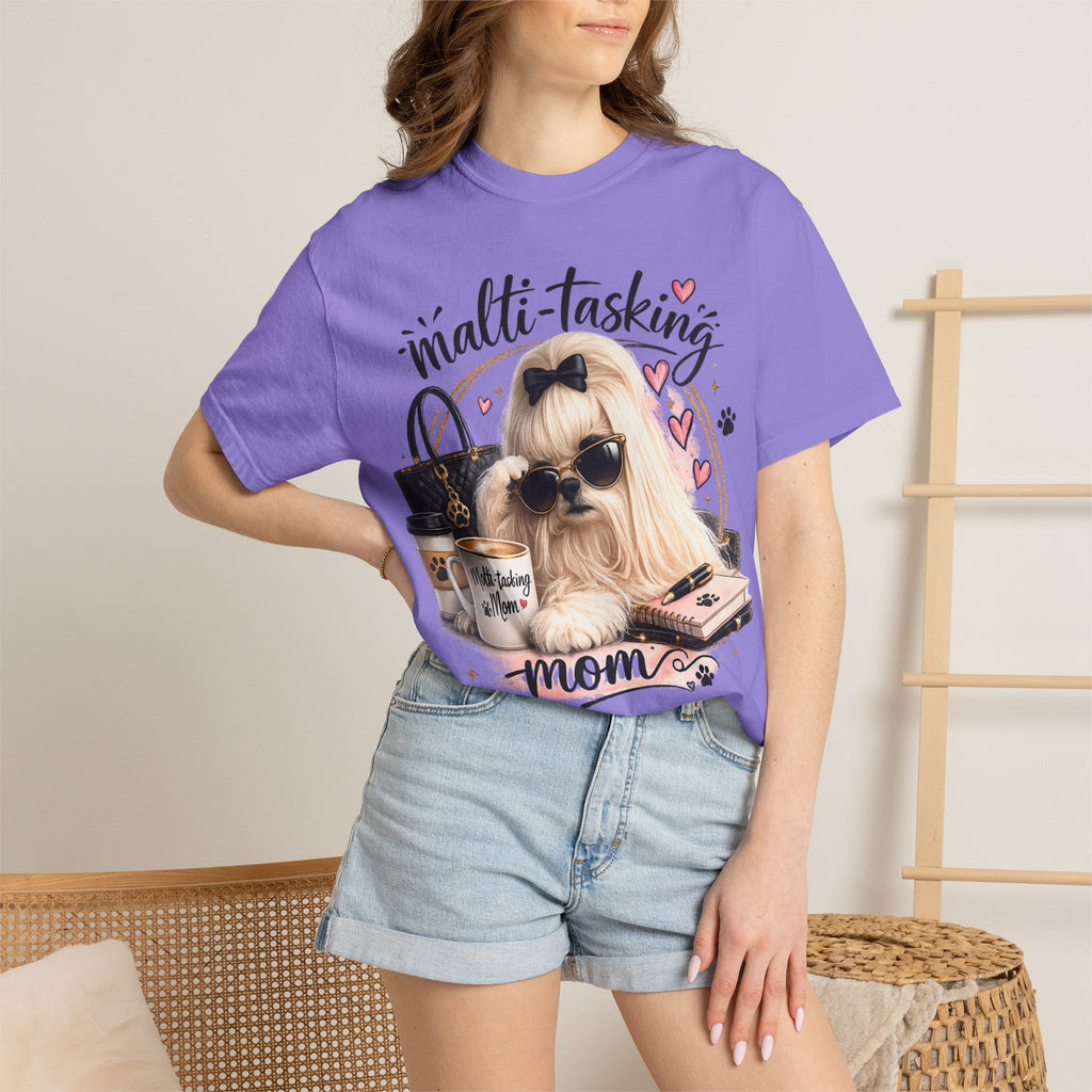 Multi-Tasking Mom T-Shirt – Cute Maltese Dog with Coffee & Handbag Graphic