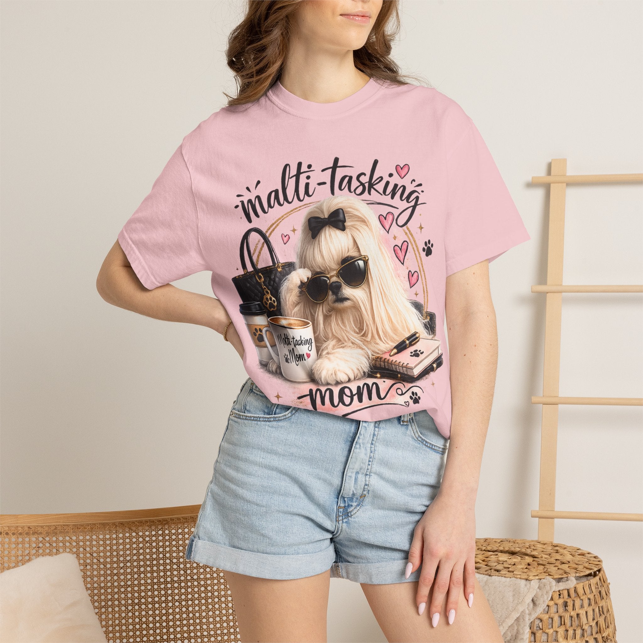 Multi-Tasking Mom T-Shirt – Cute Maltese Dog with Coffee & Handbag Graphic