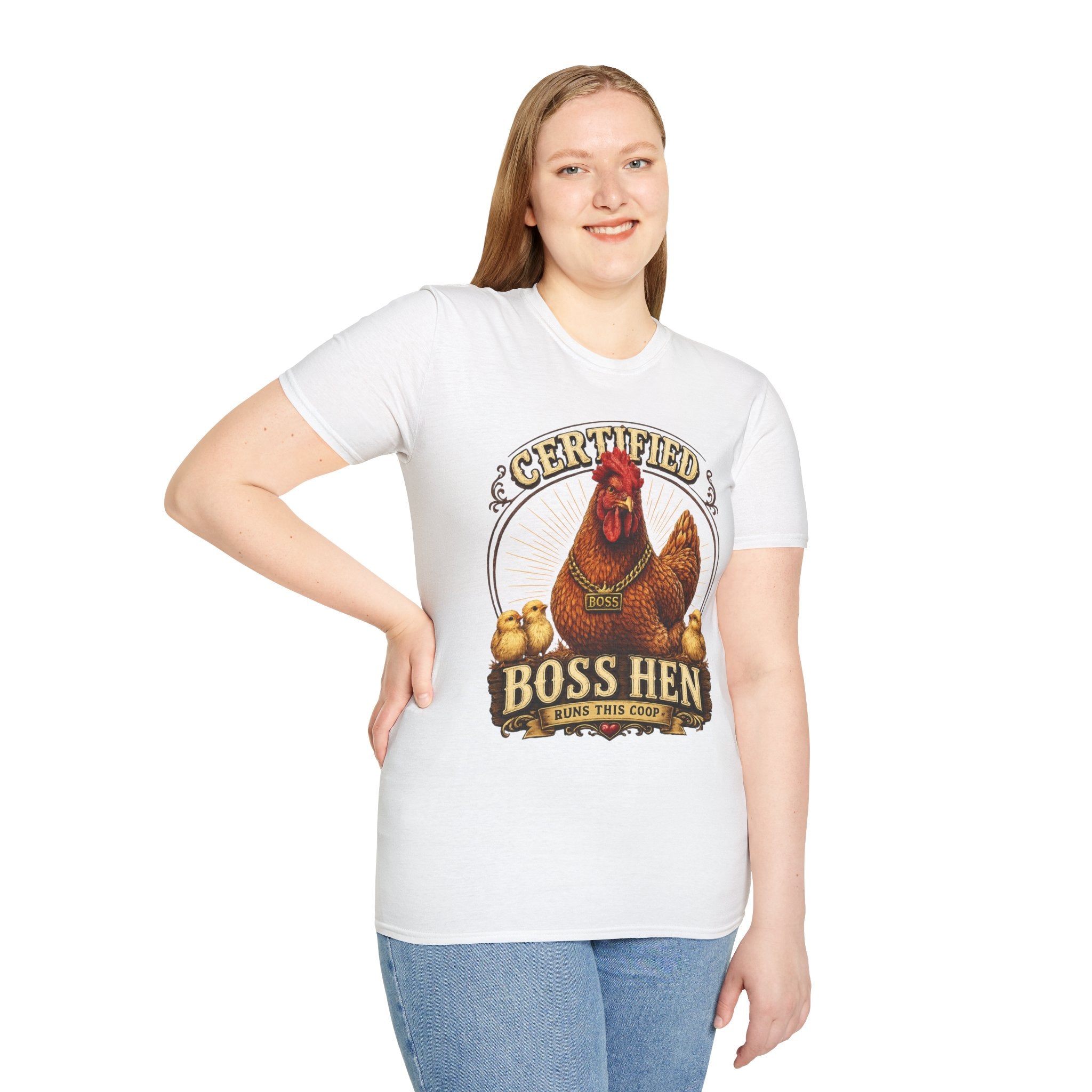 Boss Hen T-Shirt — "Certified Boss Hen Runs This Coop" Chicken Farm Tee