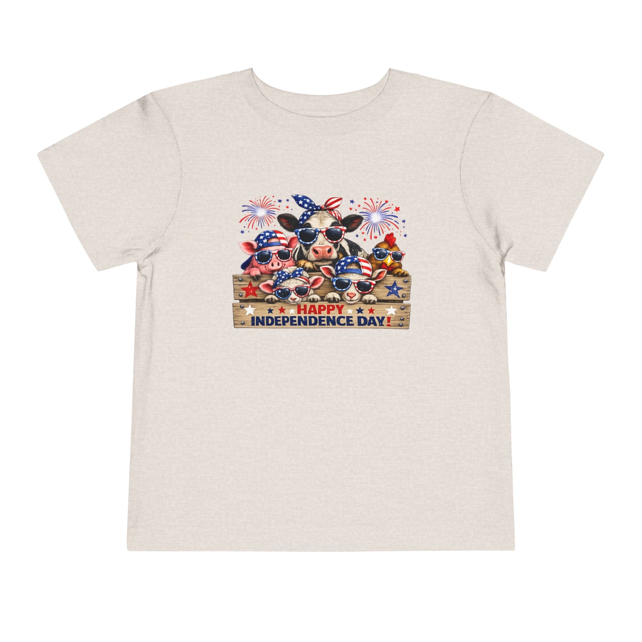 Happy Independence Day Toddler Tee — Patriotic Farm Animals  & Fireworks 4th of July Shirt