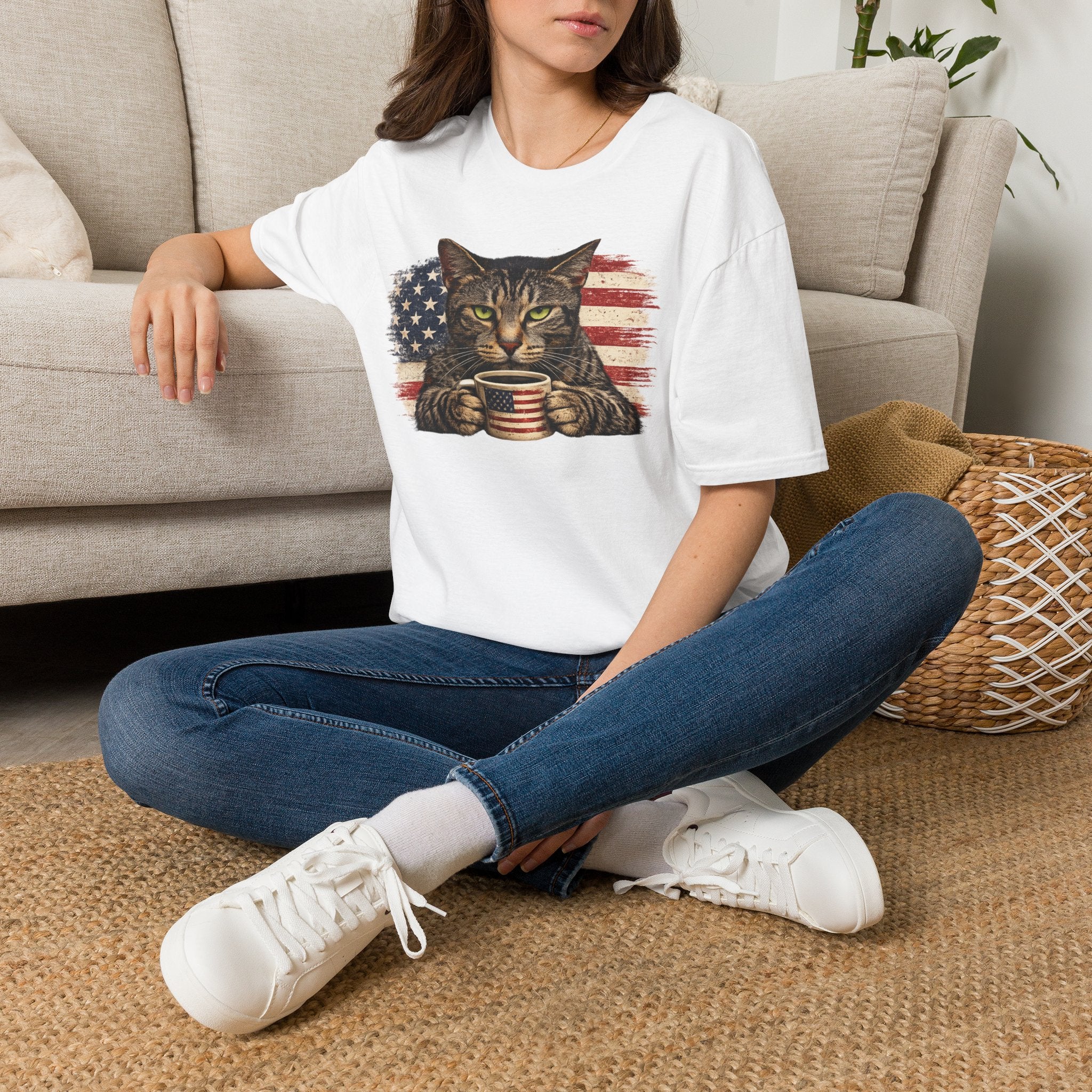 Patriotic Cat T-Shirt — American Flag Kitty with Coffee Mug