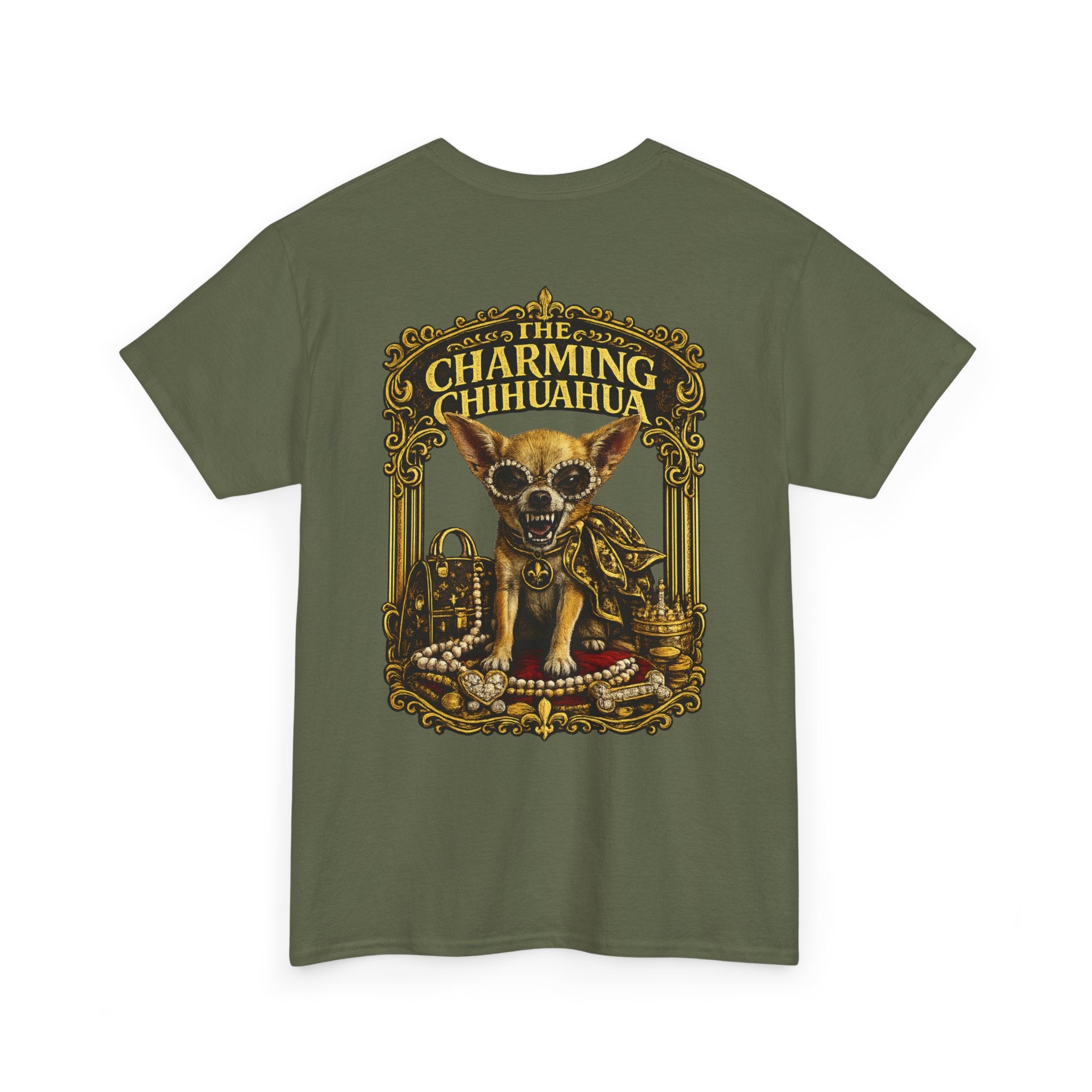 Chihuahua Crest Tee with back print — Vintage Chihuahua "THE CHARMNG CHIHUAHUA"