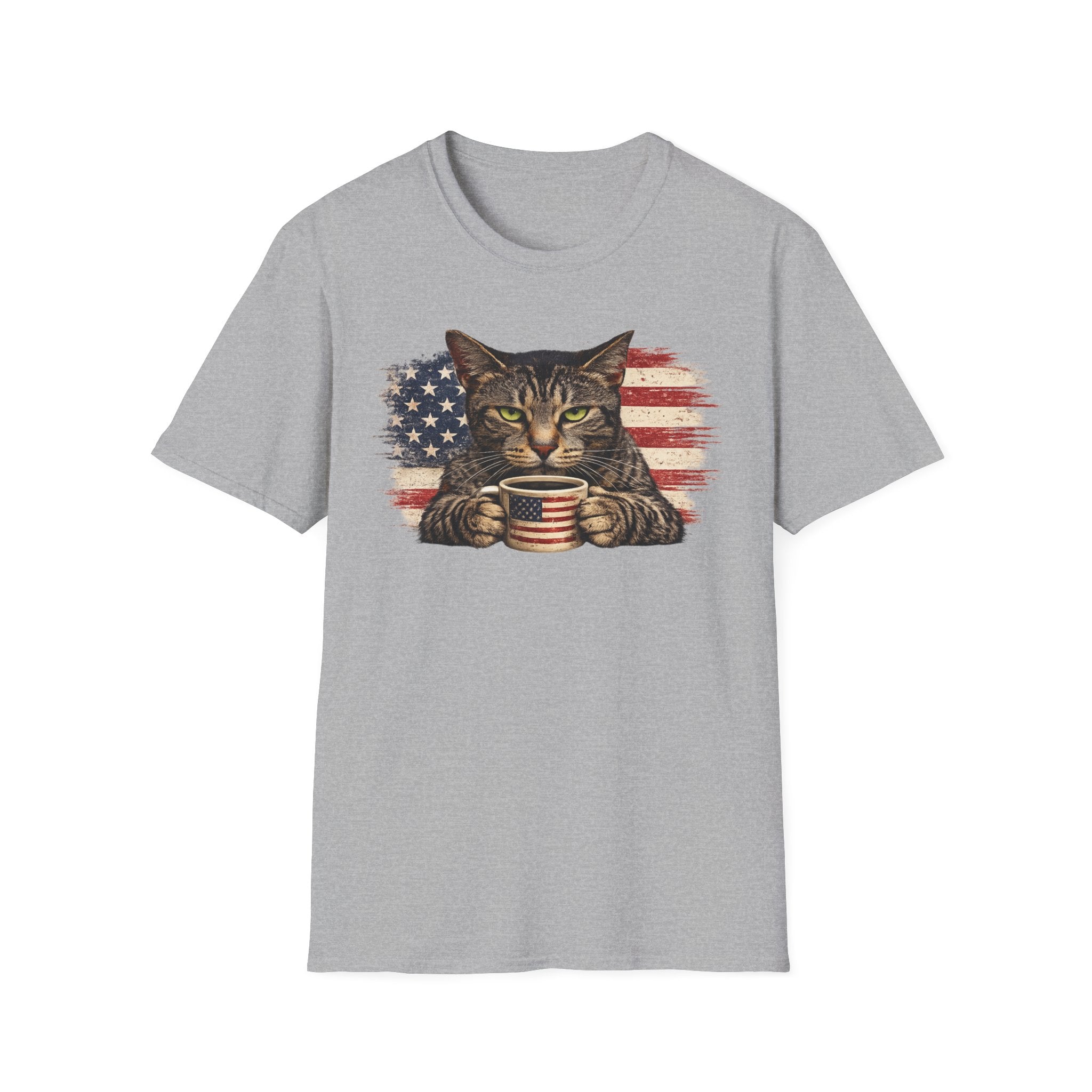 Patriotic Cat T-Shirt — American Flag Kitty with Coffee Mug