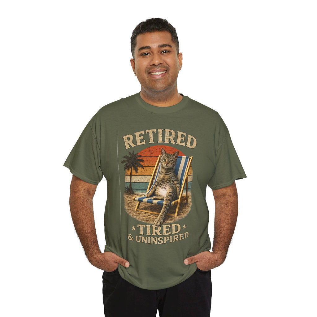 Retired, Tired & Uninspired Cat Tee — Funny Retirement Shirt