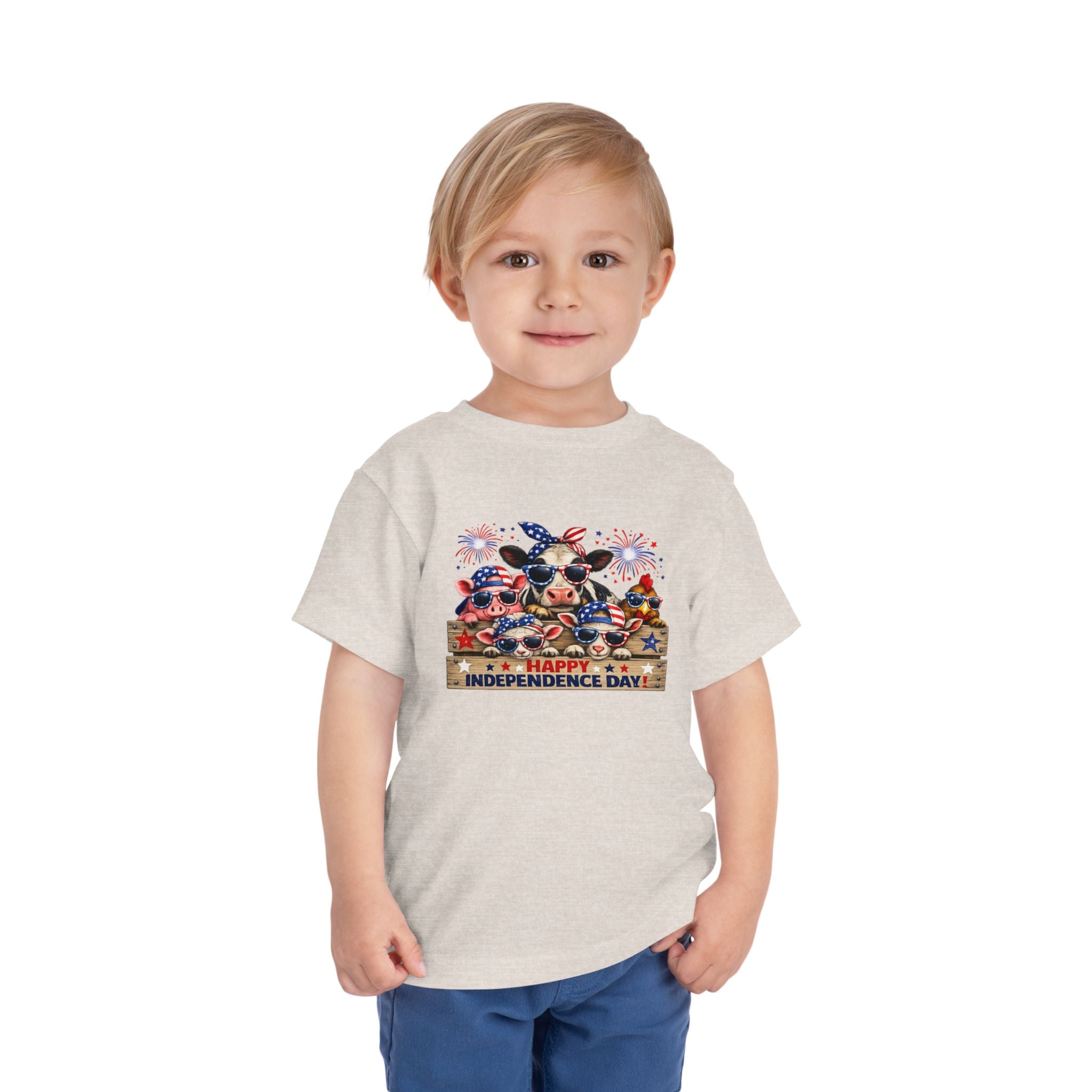 Happy Independence Day Toddler Tee — Patriotic Farm Animals  & Fireworks 4th of July Shirt