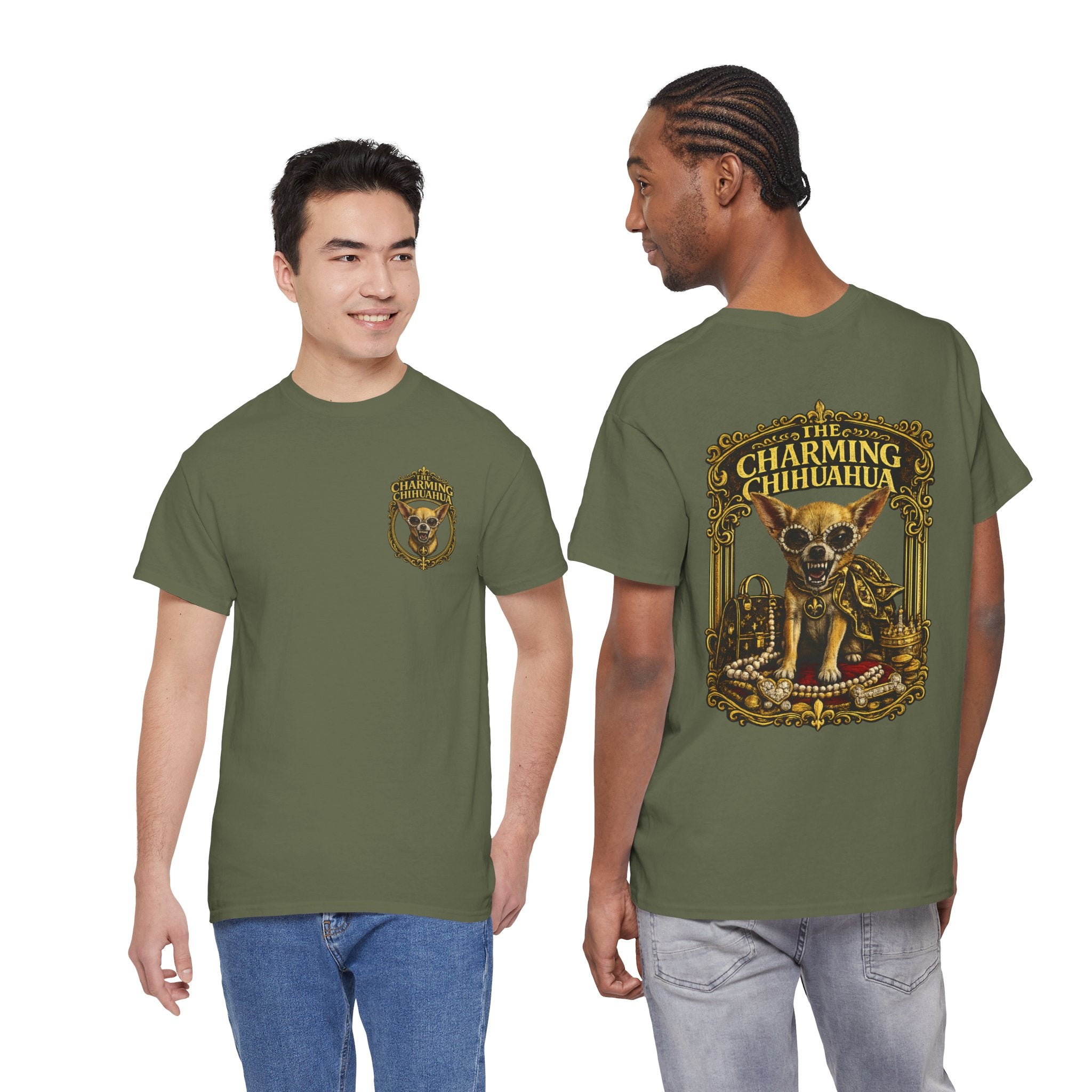 Chihuahua Crest Tee with back print — Vintage Chihuahua "THE CHARMNG CHIHUAHUA"