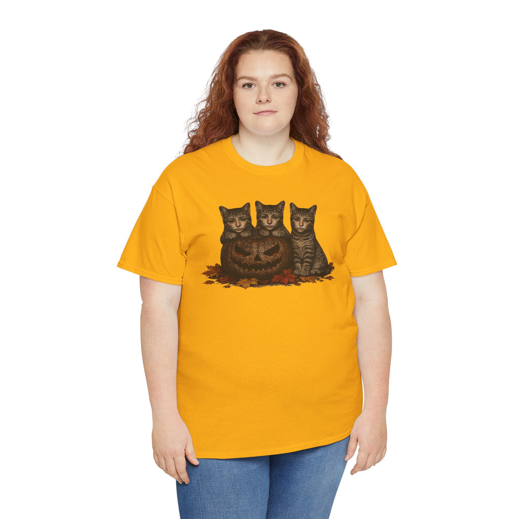 Halloween Cats T-Shirt — Trio of Kittens with Jack-O'-Lantern Fall Tee