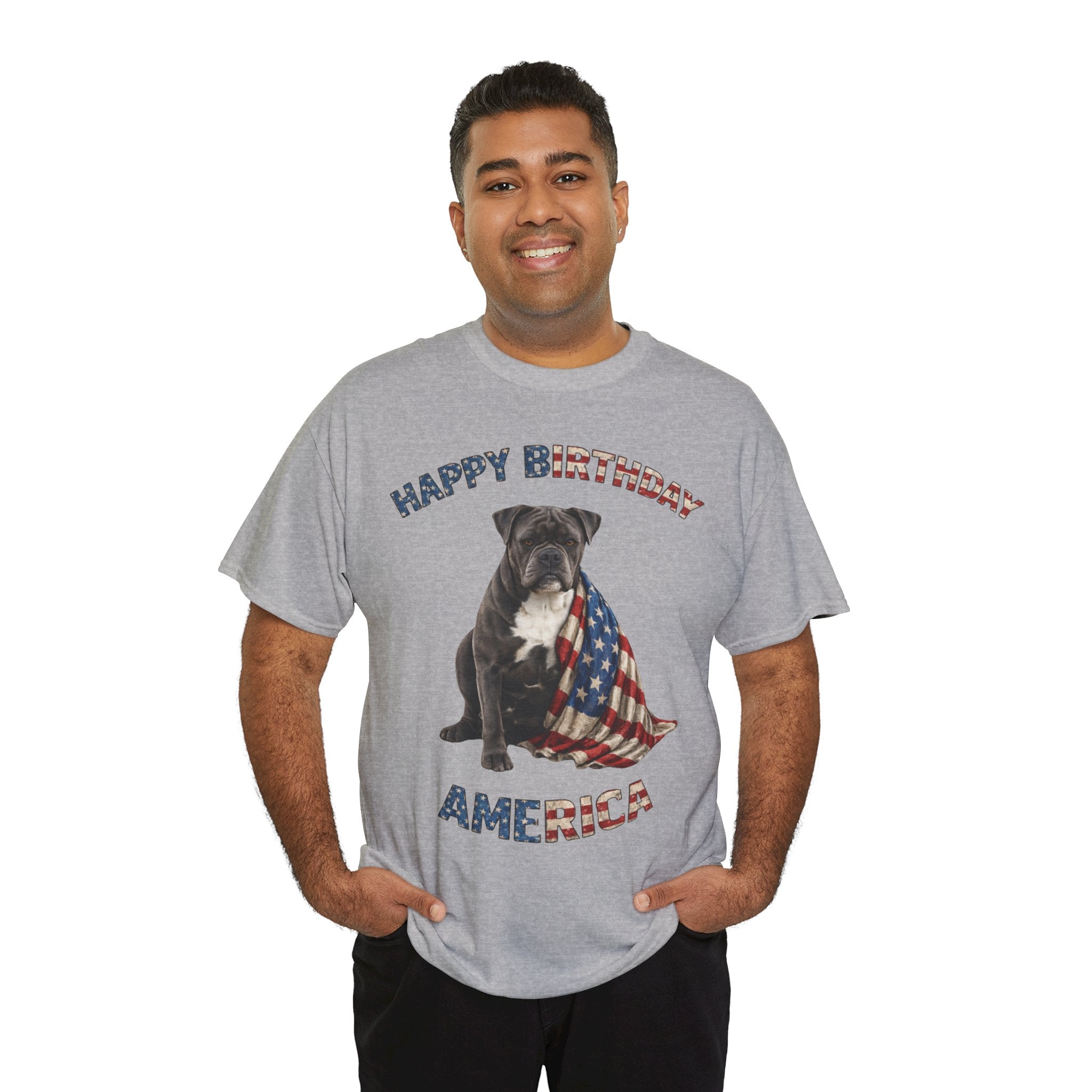 Happy Birthday America Dog Tee — Patriotic American Flag Bulldog T-Shirt