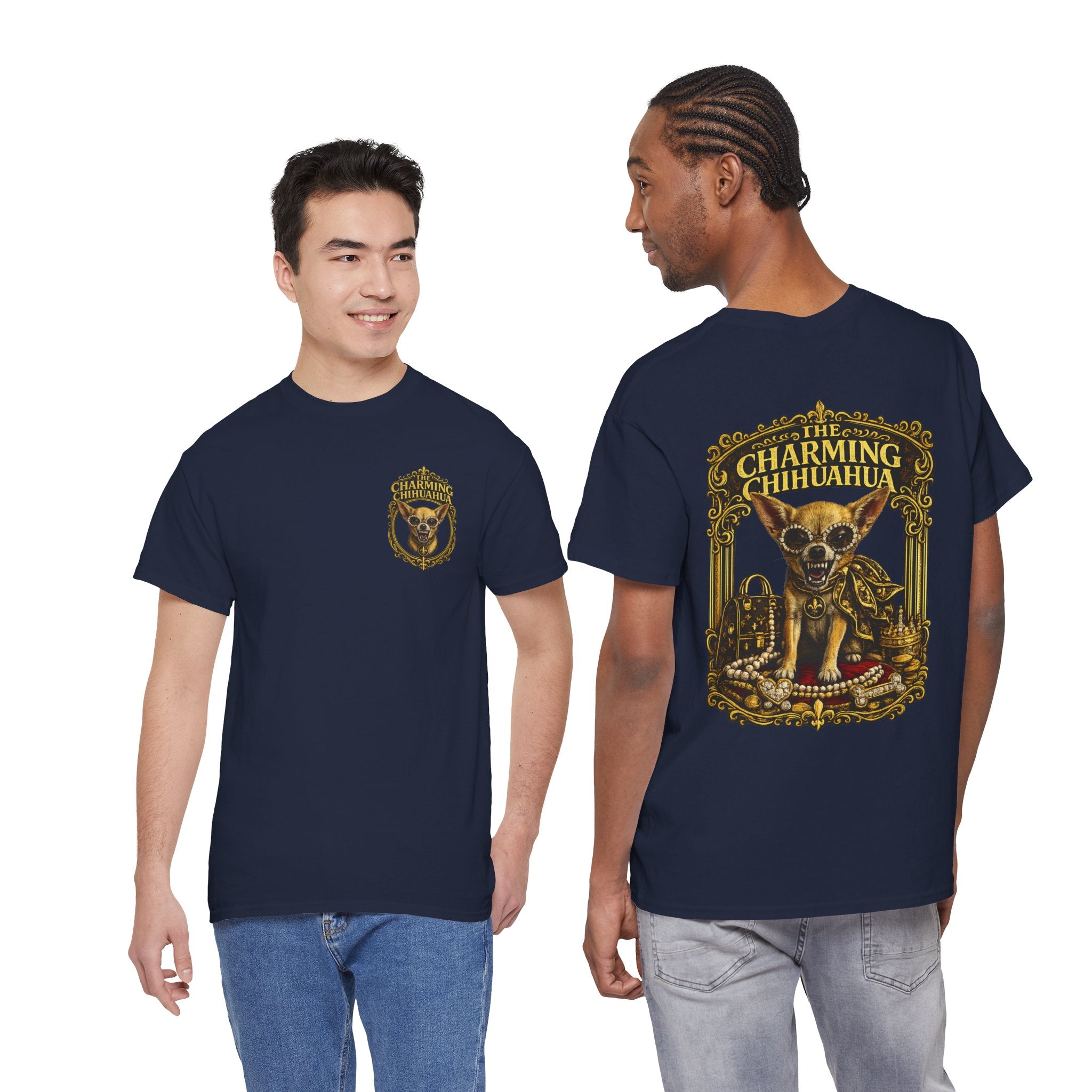 Chihuahua Crest Tee with back print — Vintage Chihuahua "THE CHARMNG CHIHUAHUA"