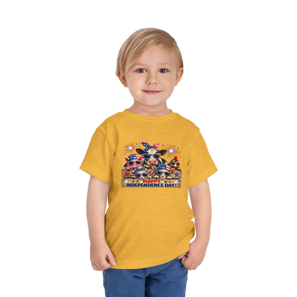 Happy Independence Day Toddler Tee — Patriotic Farm Animals  & Fireworks 4th of July Shirt