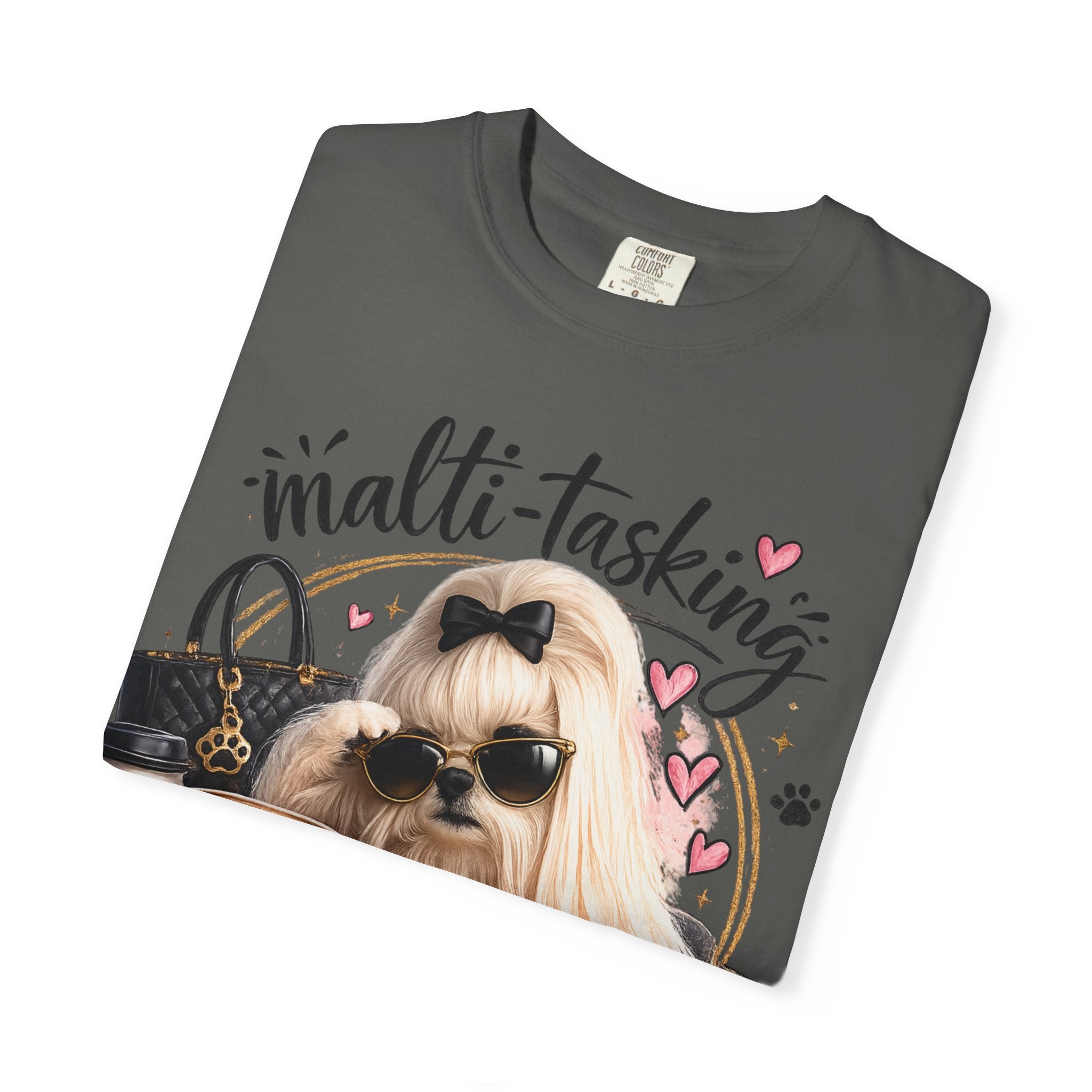 Multi-Tasking Mom T-Shirt – Cute Maltese Dog with Coffee & Handbag Graphic