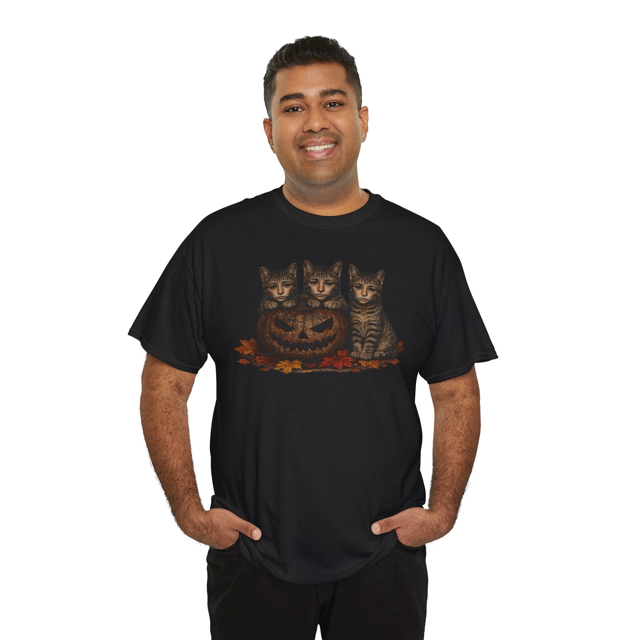 Halloween Cats T-Shirt — Trio of Kittens with Jack-O'-Lantern Fall Tee