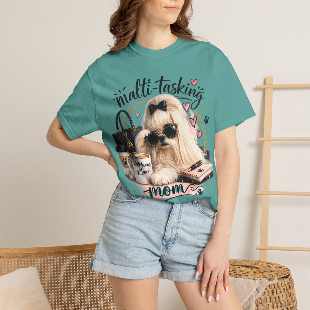 Multi-Tasking Mom T-Shirt – Cute Maltese Dog with Coffee & Handbag Graphic
