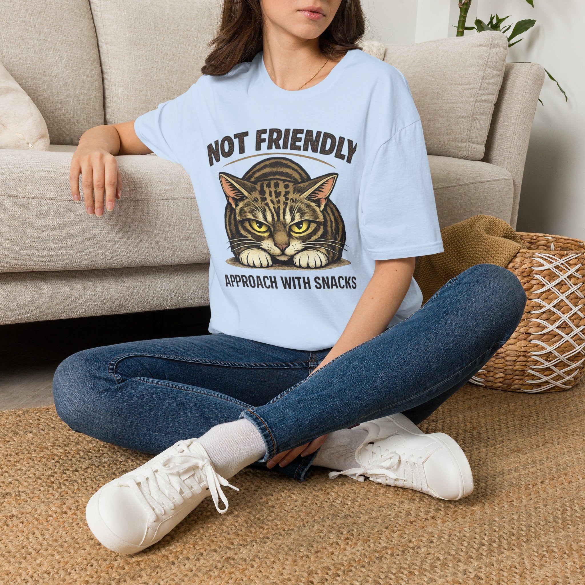 Not Friendly Cat T-Shirt — "Approach With Snacks" Vintage Grumpy Cat Tee