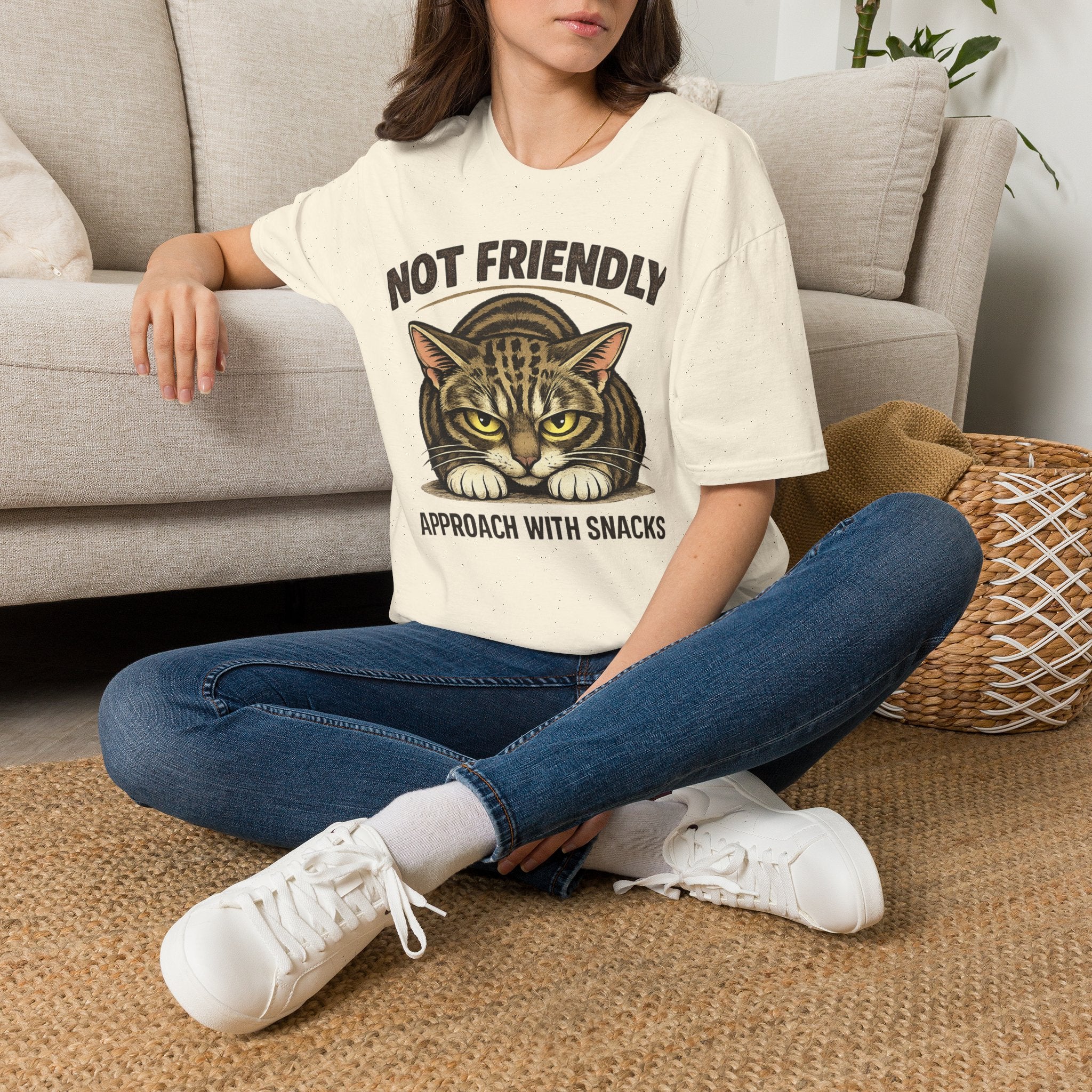 Not Friendly Cat T-Shirt — "Approach With Snacks" Vintage Grumpy Cat Tee