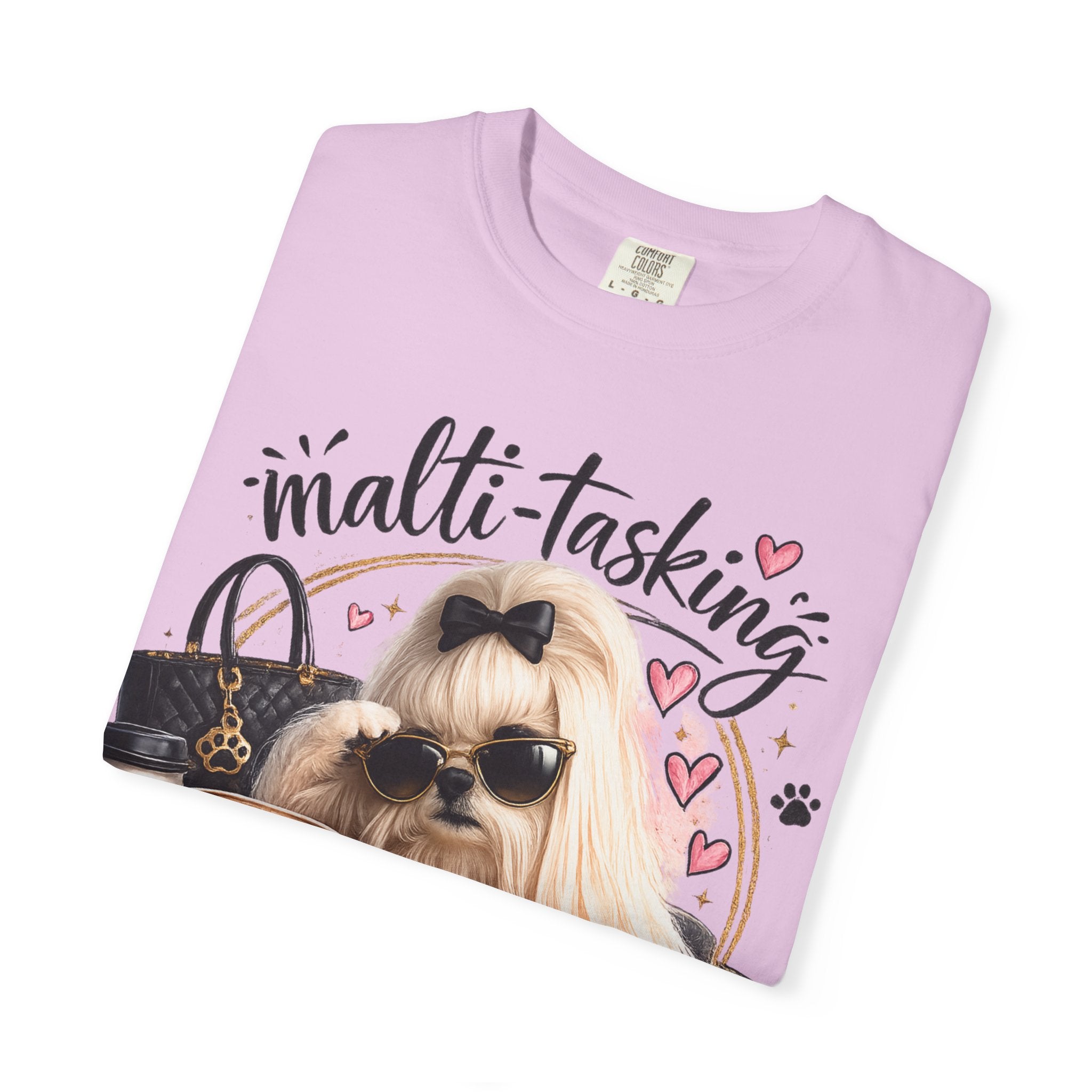 Multi-Tasking Mom T-Shirt – Cute Maltese Dog with Coffee & Handbag Graphic