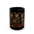 Halloween anthropomorphic Cats Black Mug — Pumpkin Jack-O'-Lantern & Tabby Kittens Coffee Cup (11oz/15oz)