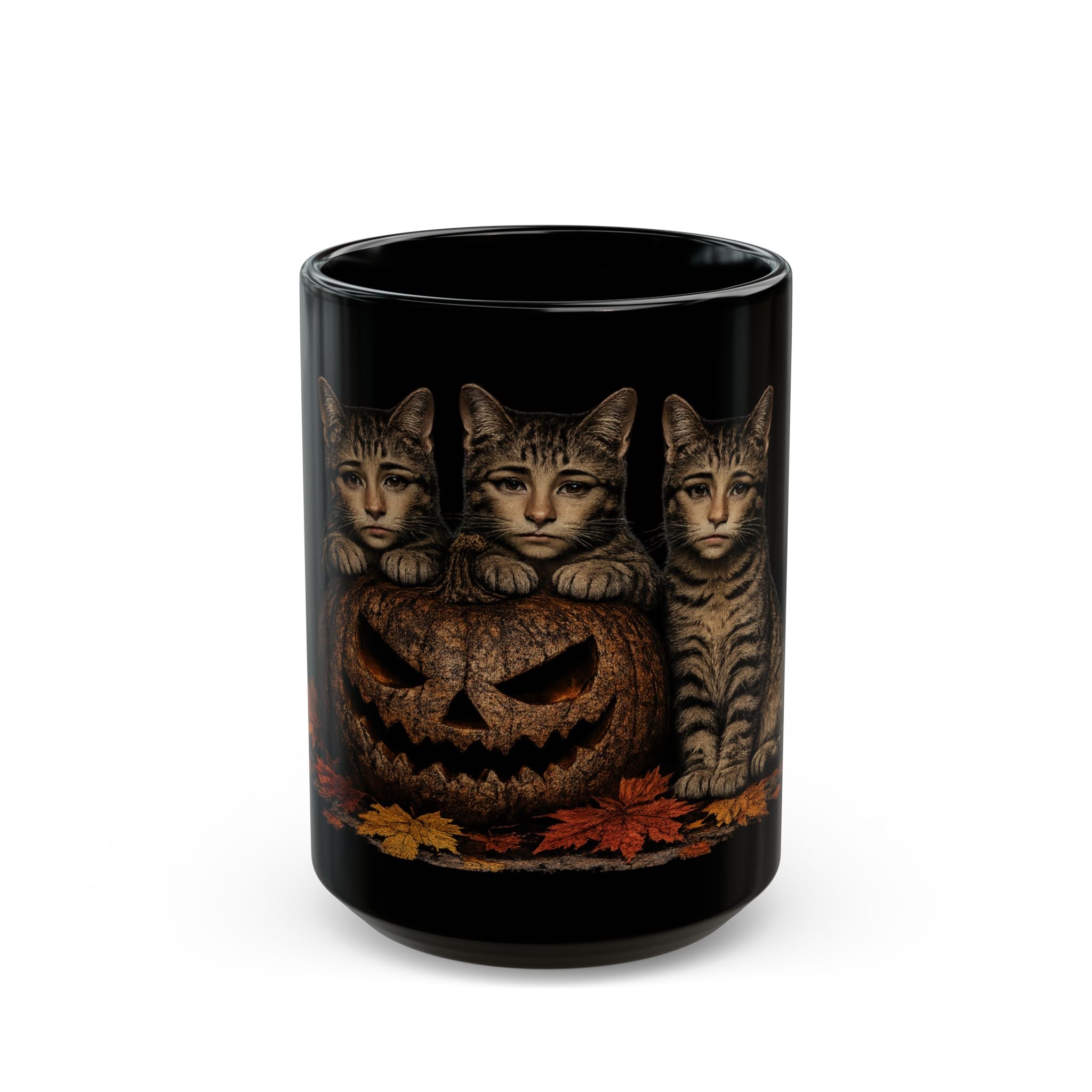 Halloween anthropomorphic Cats Black Mug — Pumpkin Jack-O'-Lantern & Tabby Kittens Coffee Cup (11oz/15oz)