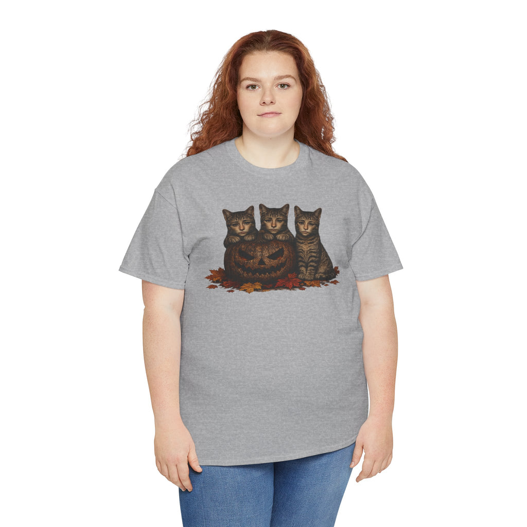 Halloween Cats T-Shirt — Trio of Kittens with Jack-O'-Lantern Fall Tee