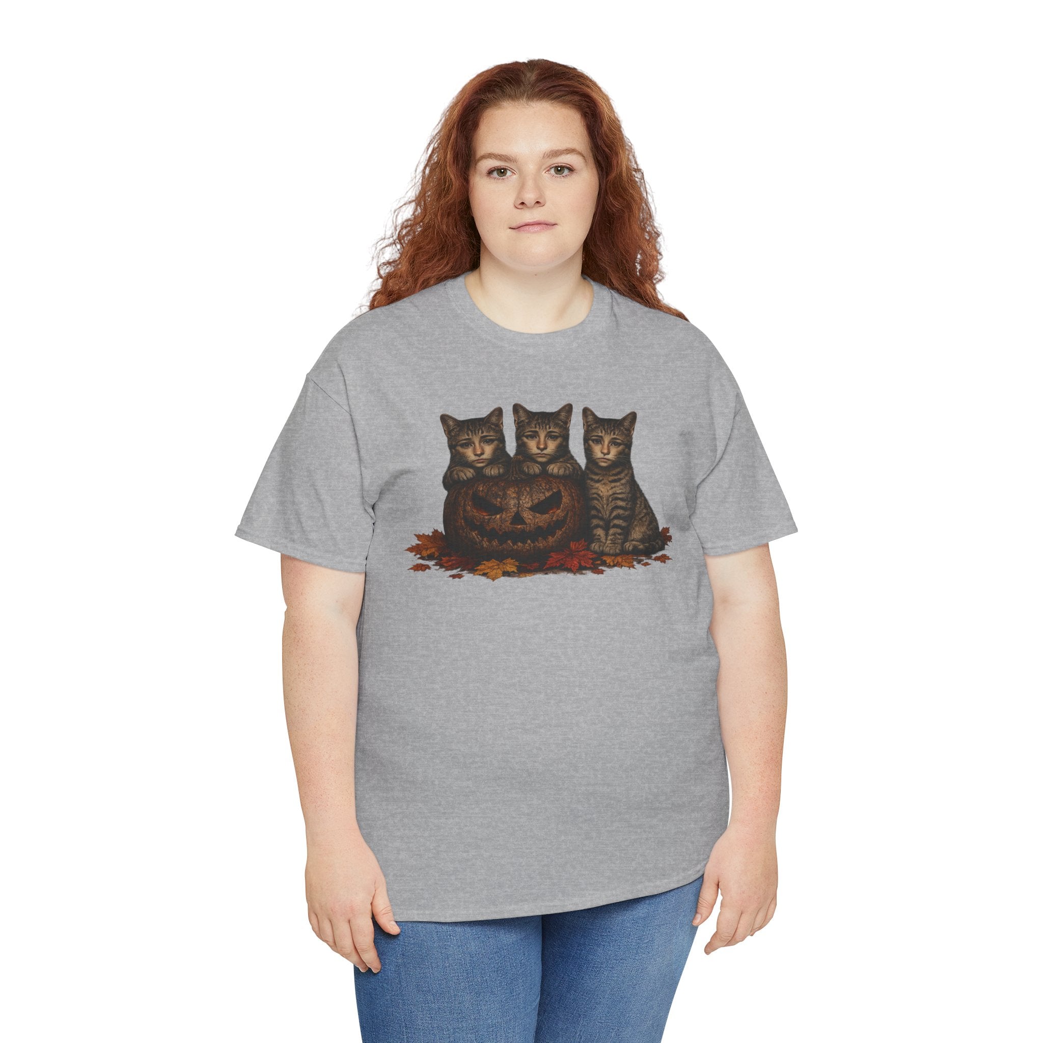 Halloween Cats T-Shirt — Trio of Kittens with Jack-O'-Lantern Fall Tee