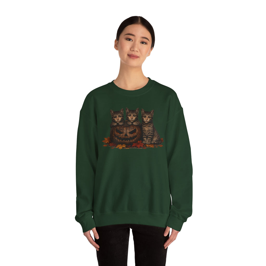 Halloween Cat Trio Crewneck Sweatshirt — Vintage Pumpkin Cats Fall Graphic