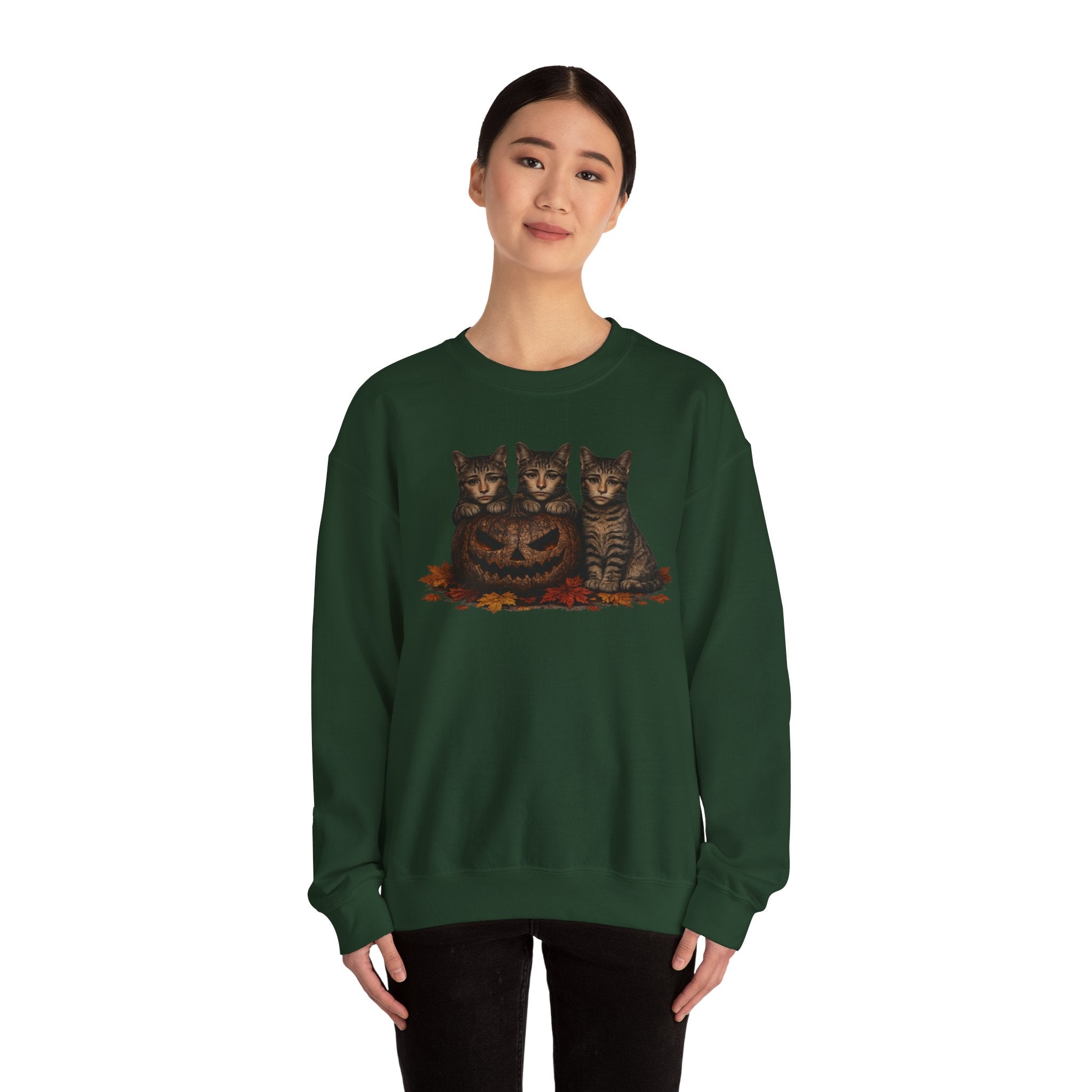 Halloween Cat Trio Crewneck Sweatshirt — Vintage Pumpkin Cats Fall Graphic