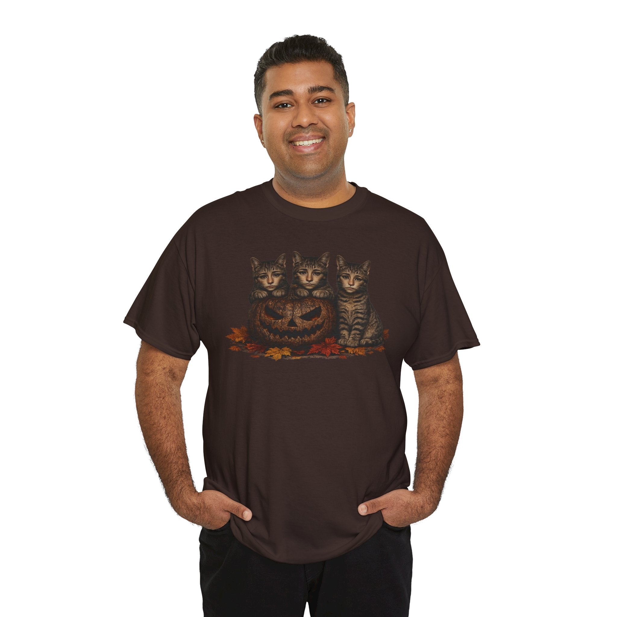 Halloween Cats T-Shirt — Trio of Kittens with Jack-O'-Lantern Fall Tee
