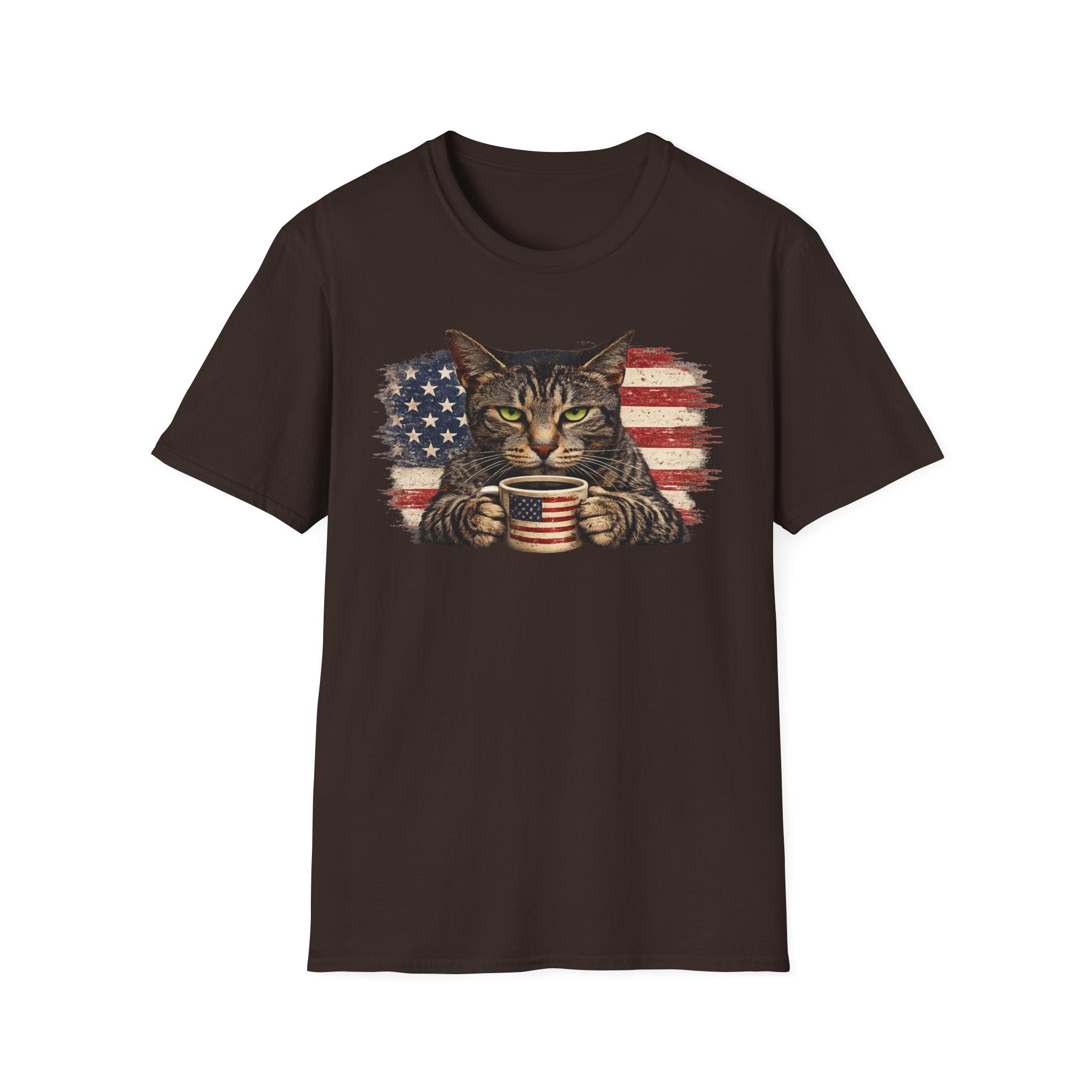 Patriotic Cat T-Shirt — American Flag Kitty with Coffee Mug