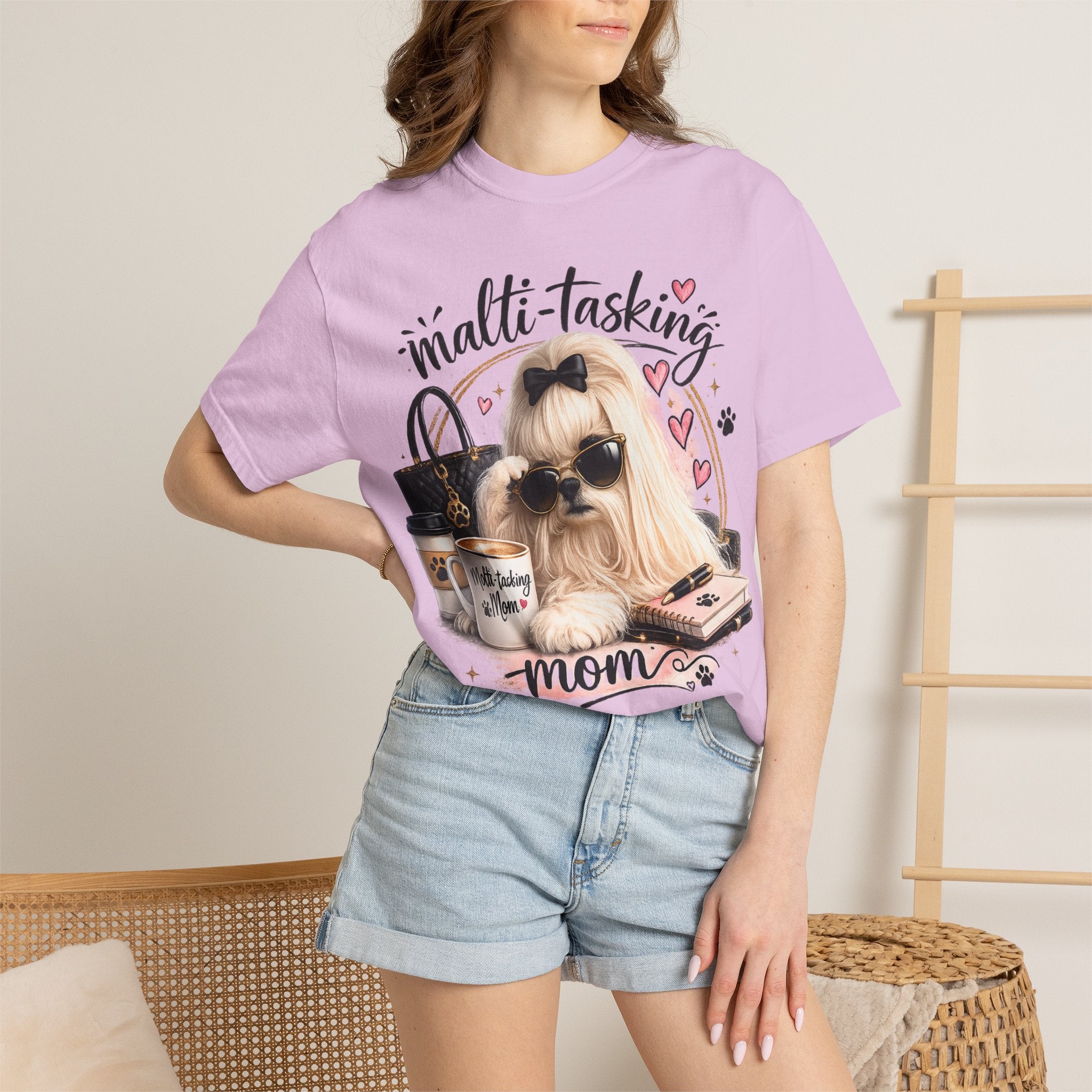 Multi-Tasking Mom T-Shirt – Cute Maltese Dog with Coffee & Handbag Graphic