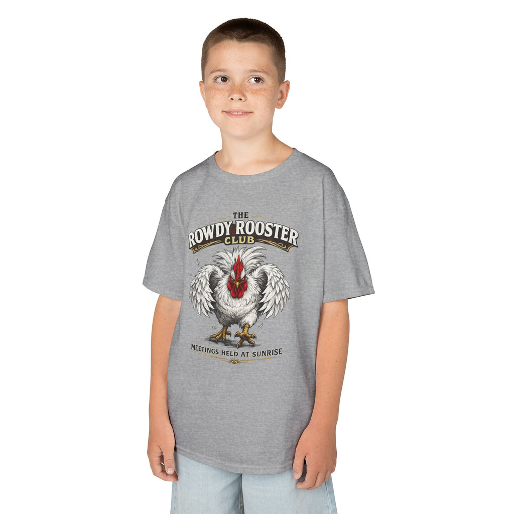 Kids Tee — "The Rowdy Rooster Club: Meetings Held at Sunrise" Graphic Shirt