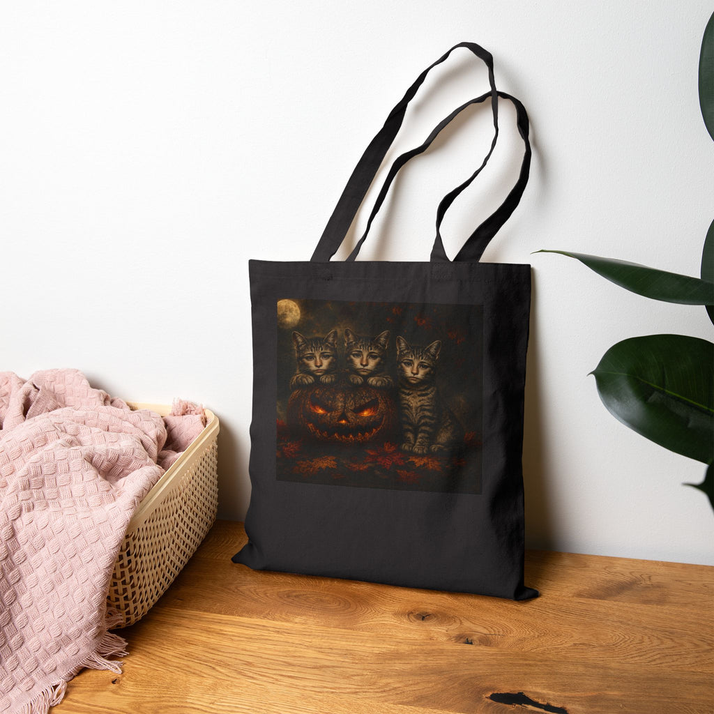 Halloween Cat Trio Canvas Tote Bag — Spooky Pumpkin & Kittens Reusable Shopper