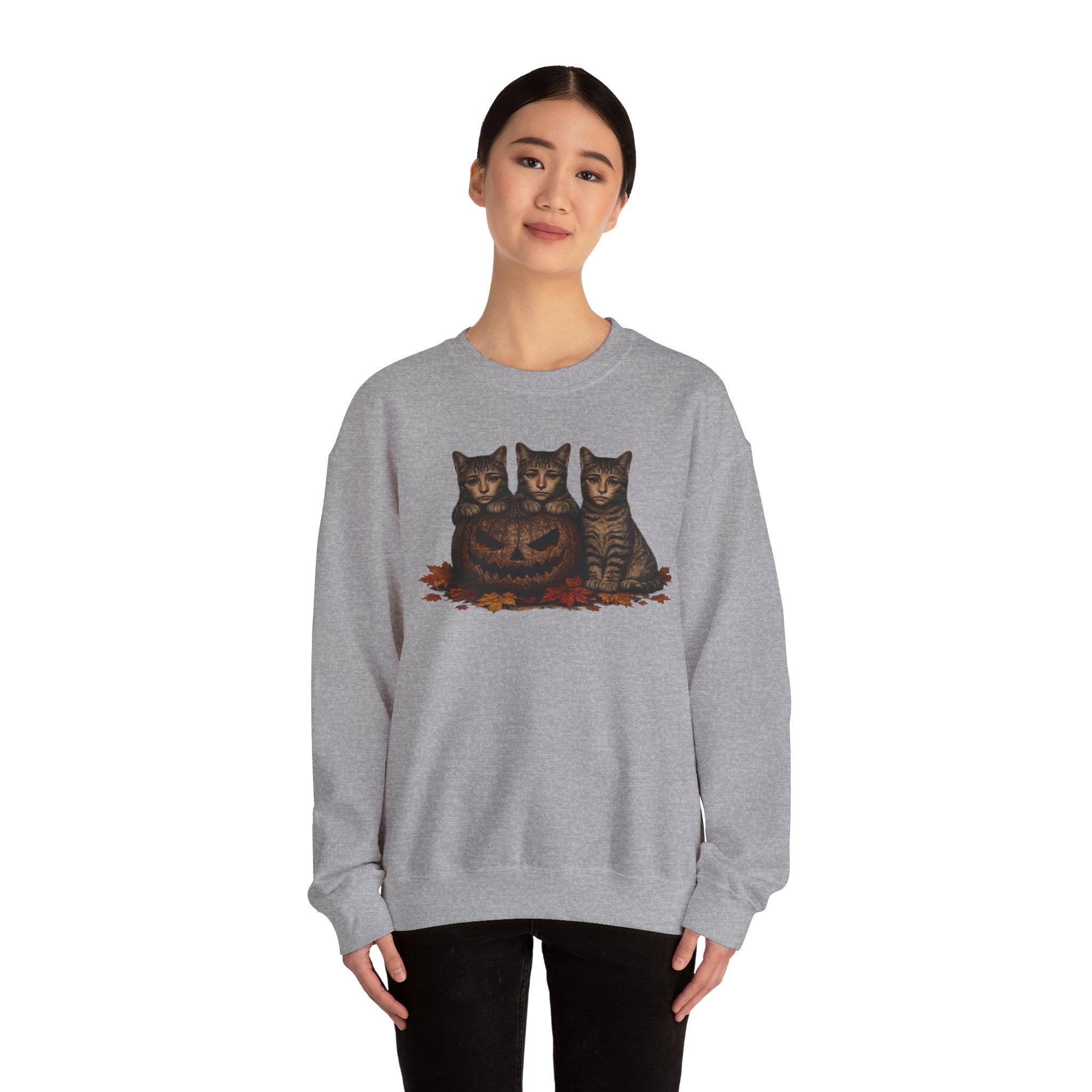 Halloween Cat Trio Crewneck Sweatshirt — Vintage Pumpkin Cats Fall Graphic