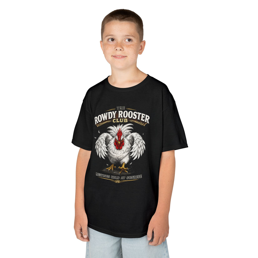 Kids Tee — "The Rowdy Rooster Club: Meetings Held at Sunrise" Graphic Shirt