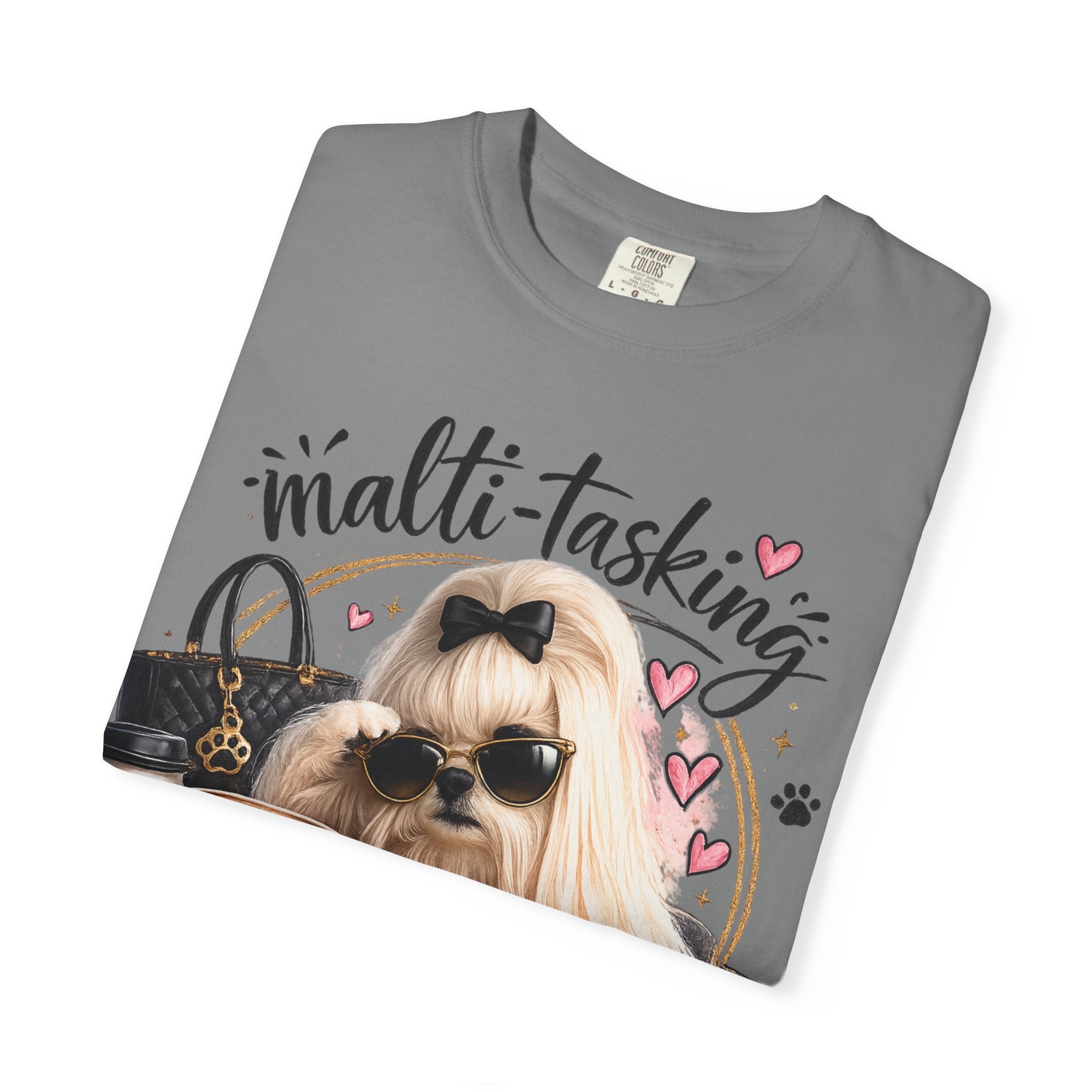 Multi-Tasking Mom T-Shirt – Cute Maltese Dog with Coffee & Handbag Graphic