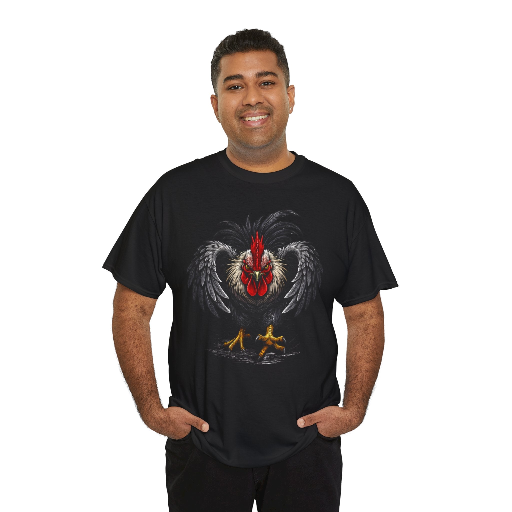 Rooster Warrior Graphic Tee — Fierce Black Rooster Illustration T-Shirt