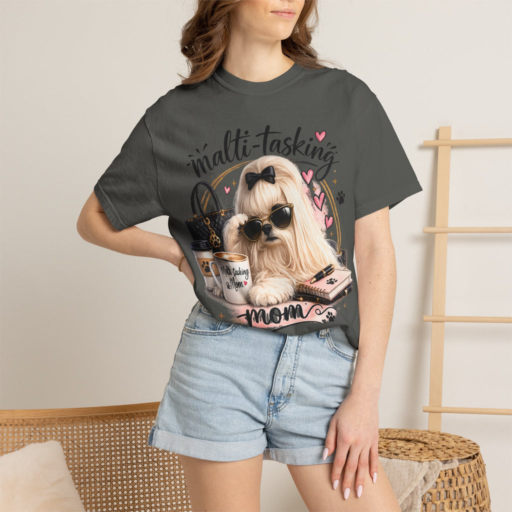 Multi-Tasking Mom T-Shirt – Cute Maltese Dog with Coffee & Handbag Graphic