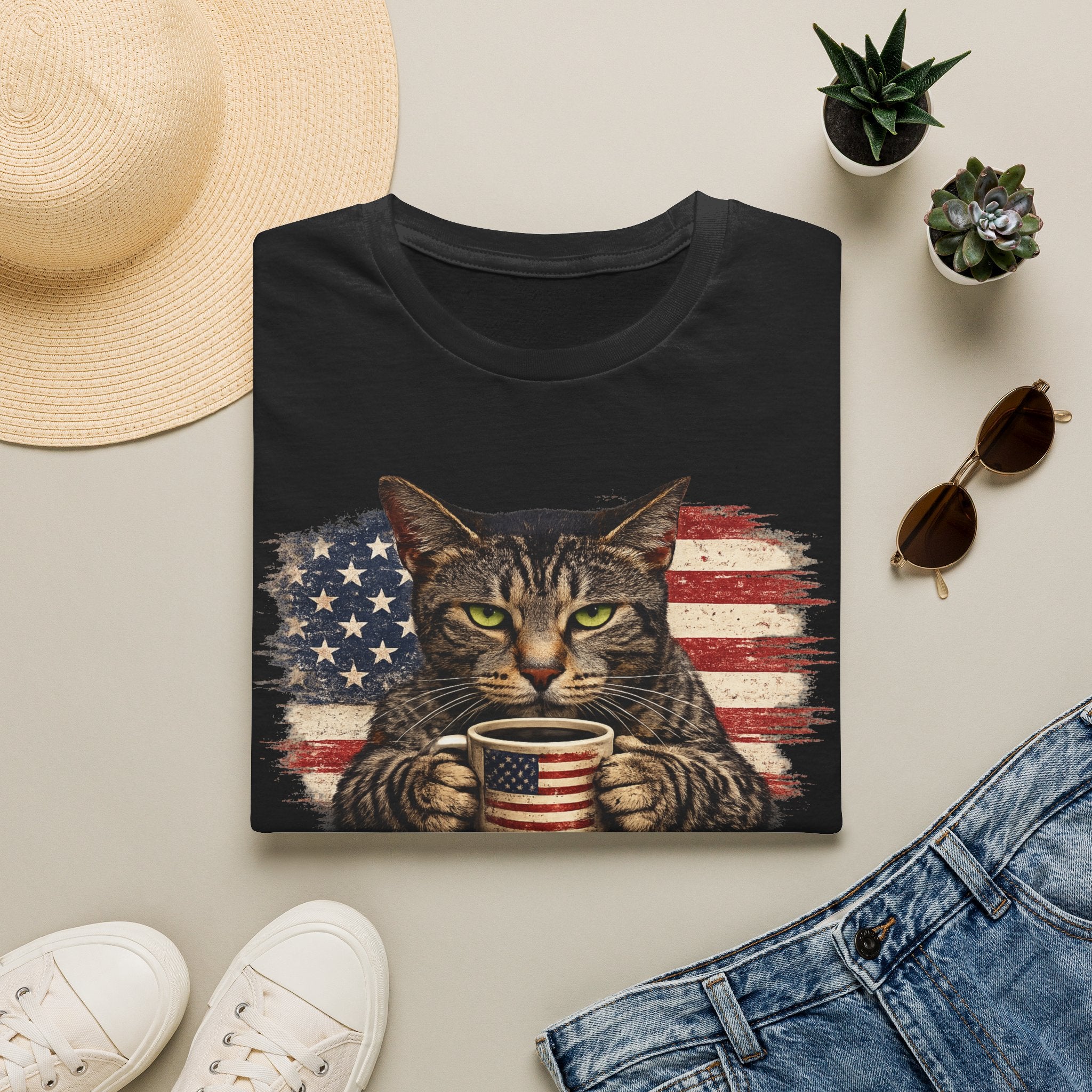 Patriotic Cat T-Shirt — American Flag Kitty with Coffee Mug