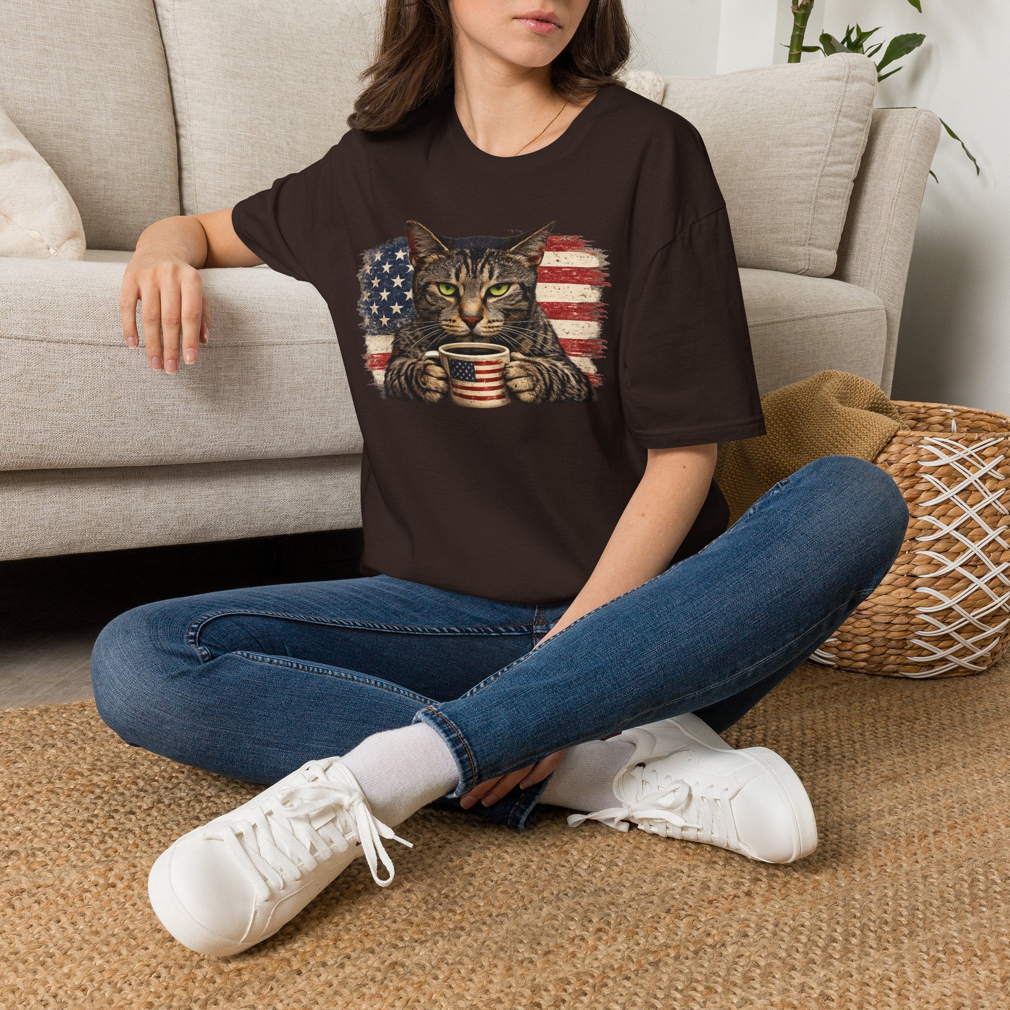 Patriotic Cat T-Shirt — American Flag Kitty with Coffee Mug