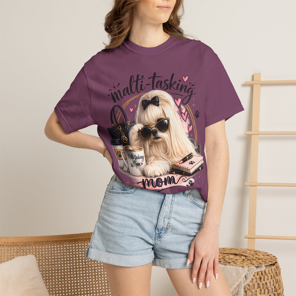 Multi-Tasking Mom T-Shirt – Cute Maltese Dog with Coffee & Handbag Graphic