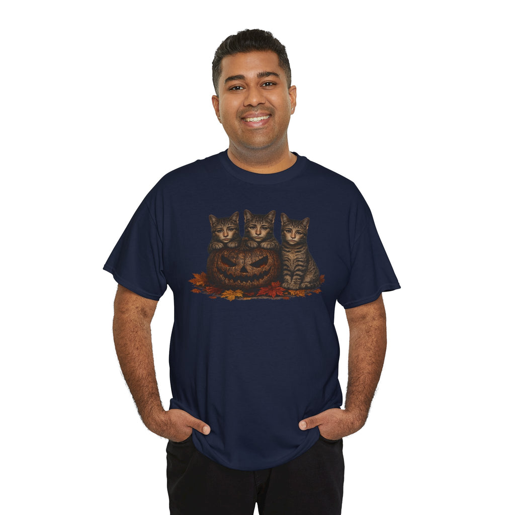 Halloween Cats T-Shirt — Trio of Kittens with Jack-O'-Lantern Fall Tee