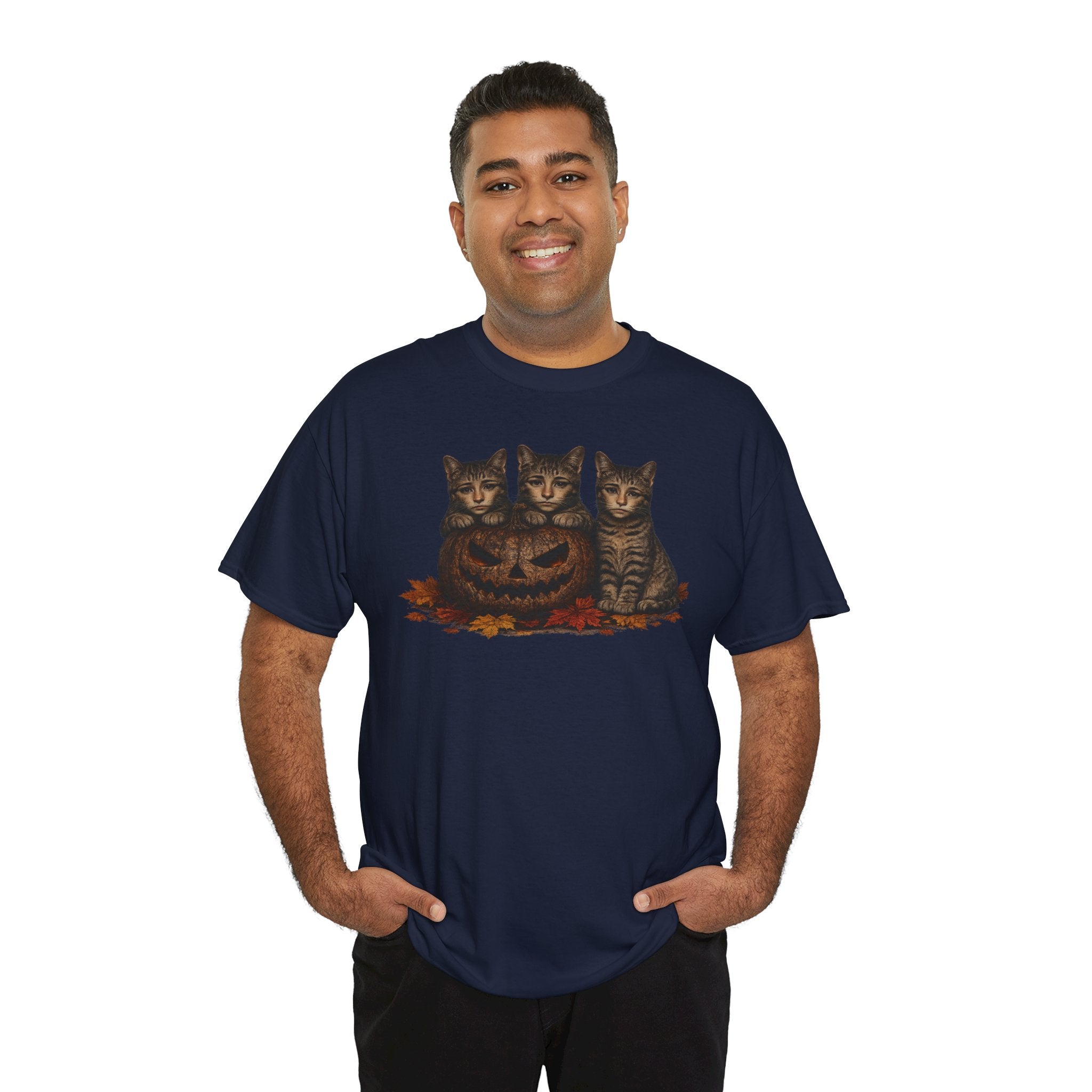 Halloween Cats T-Shirt — Trio of Kittens with Jack-O'-Lantern Fall Tee