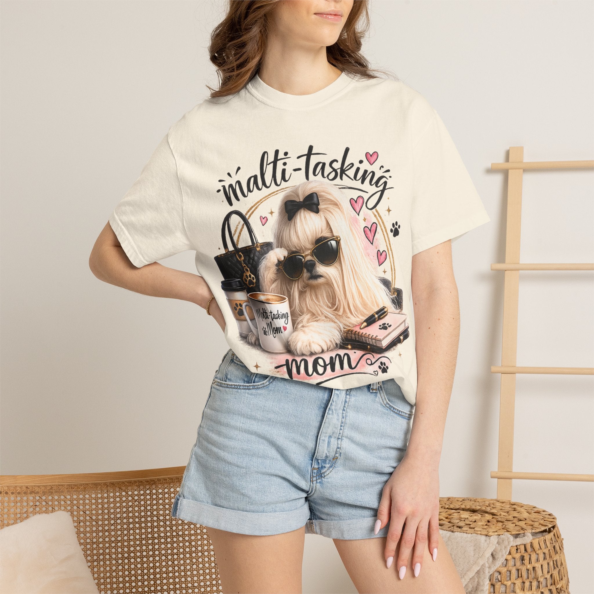Multi-Tasking Mom T-Shirt – Cute Maltese Dog with Coffee & Handbag Graphic